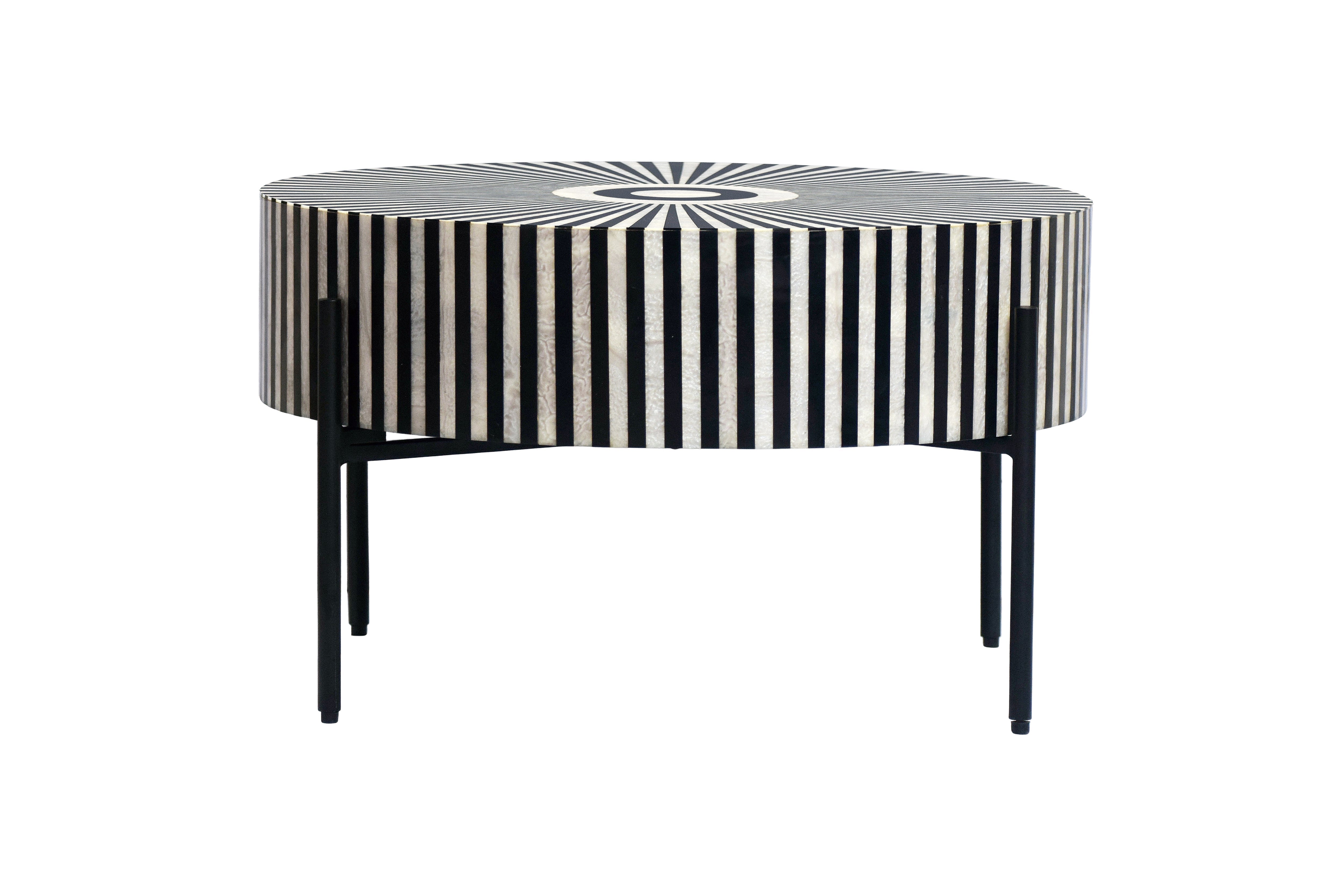 Table basse incrustation d’os HARMONY NATURE 65cm noir blanc intarsia artisanat
