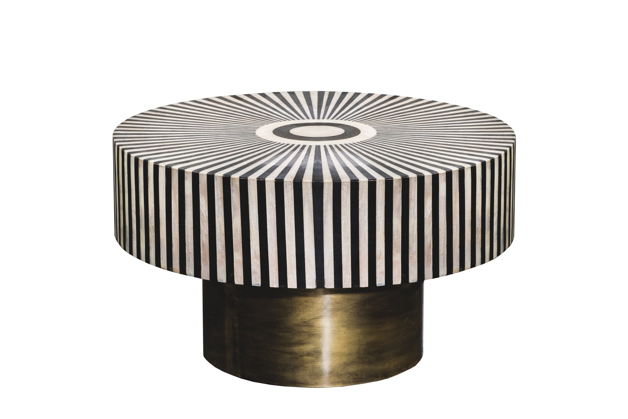 Table basse incrustée d’os HARMONY NATURE 60cm ronde noir blanc or incrusté artisanat