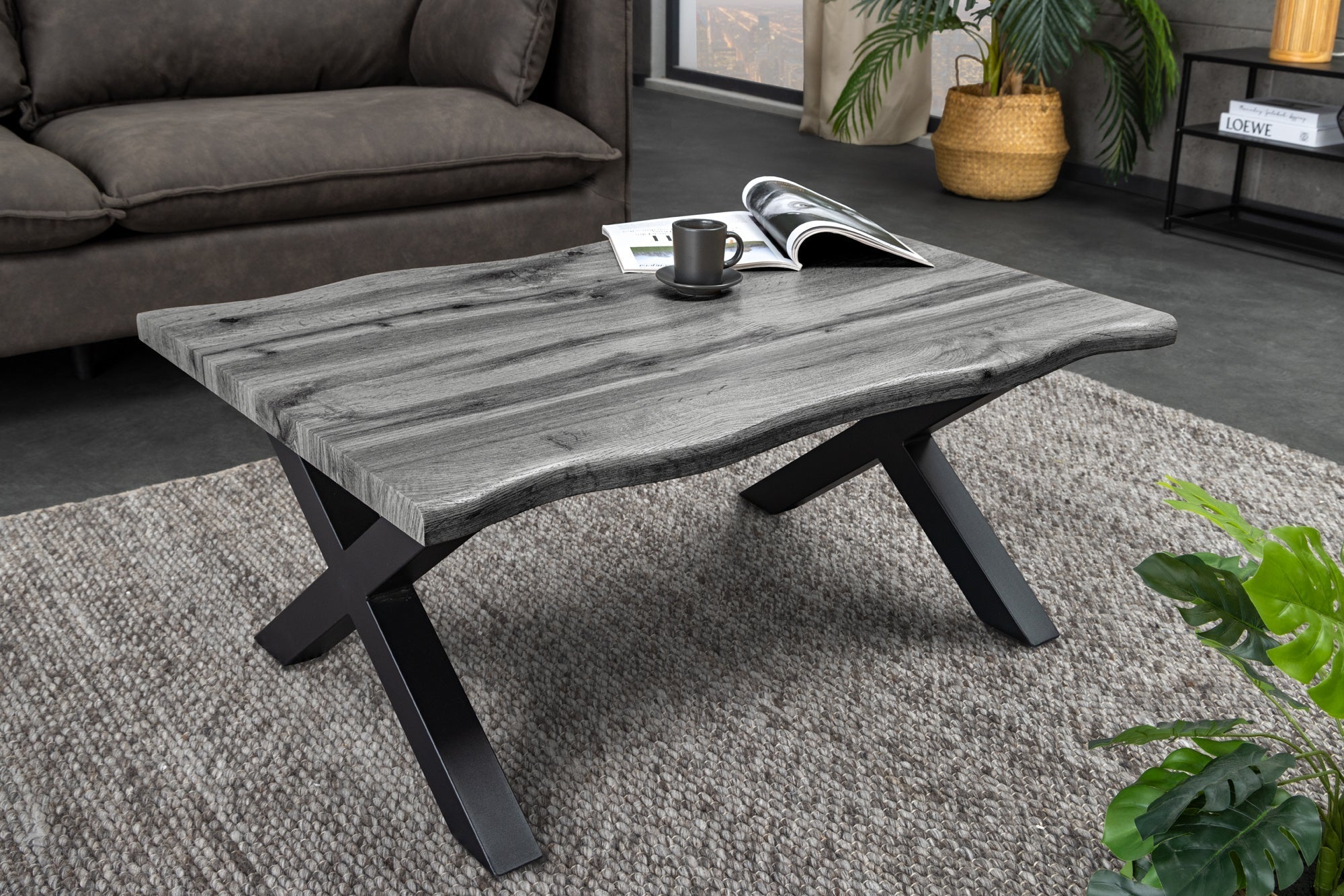 Table basse INDUSTRIAL WILD 90 cm gris chêne sauvage design noir métal bord brut