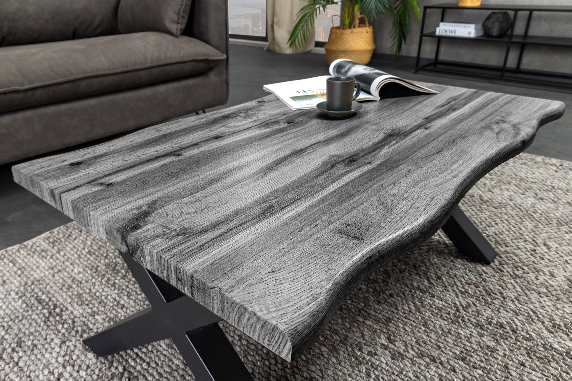 Table basse INDUSTRIAL WILD 90 cm gris chêne sauvage design noir métal bord brut