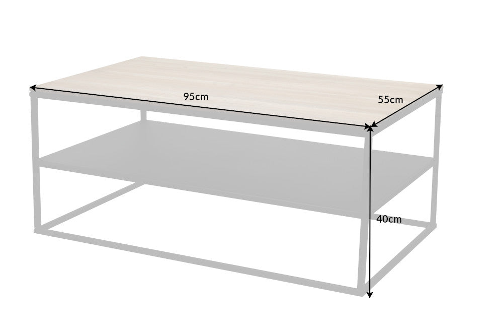 Mesa de centro industrial APPARTEMENT 95cm roble macizo aceitado con estante estructura de metal negro
