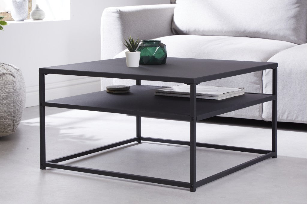 Table basse industrielle DURA STEEL 70cm noir avec étagère