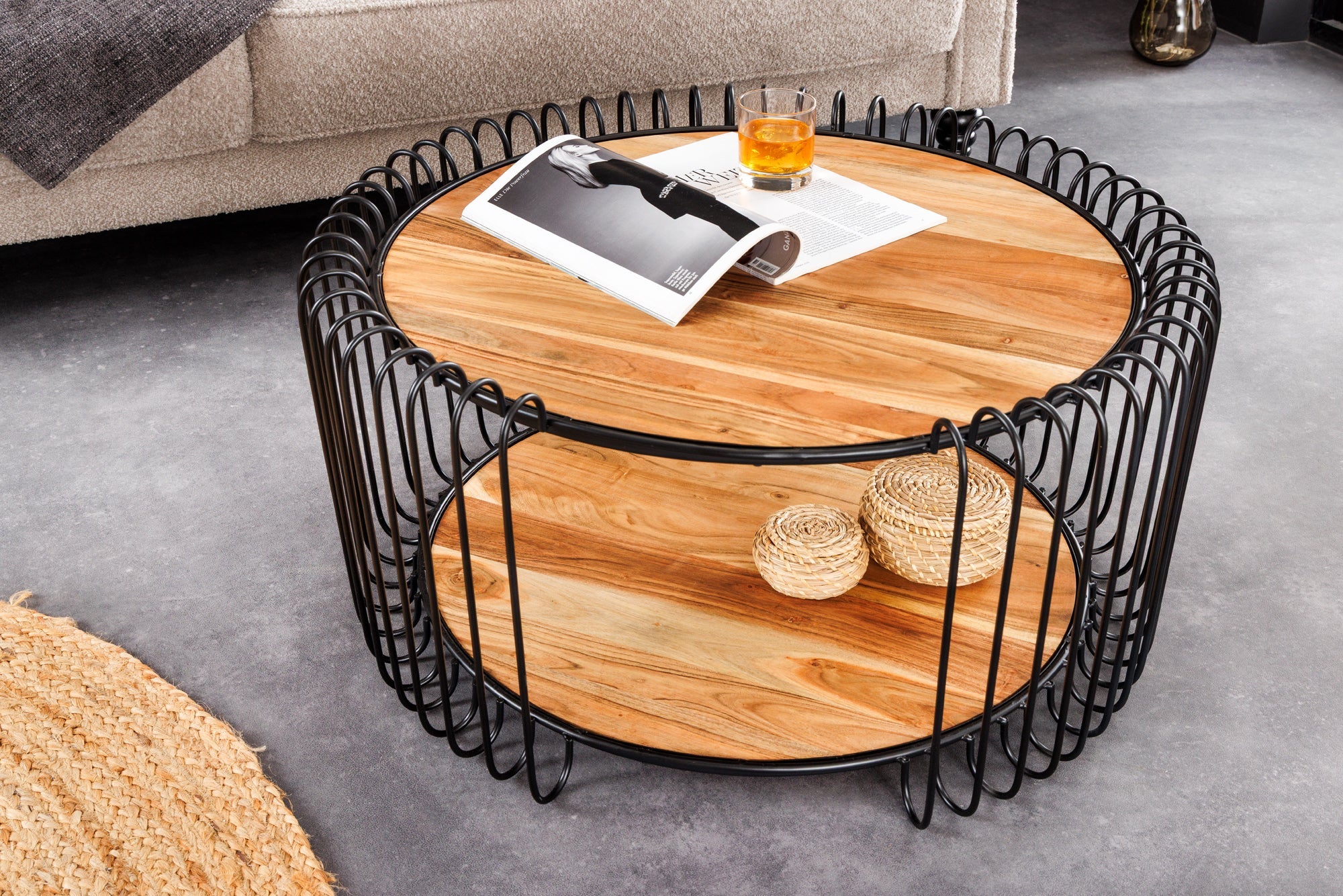 TRUE ELEMENTS mesa de centro industrial 70cm en madera maciza de acacia natural