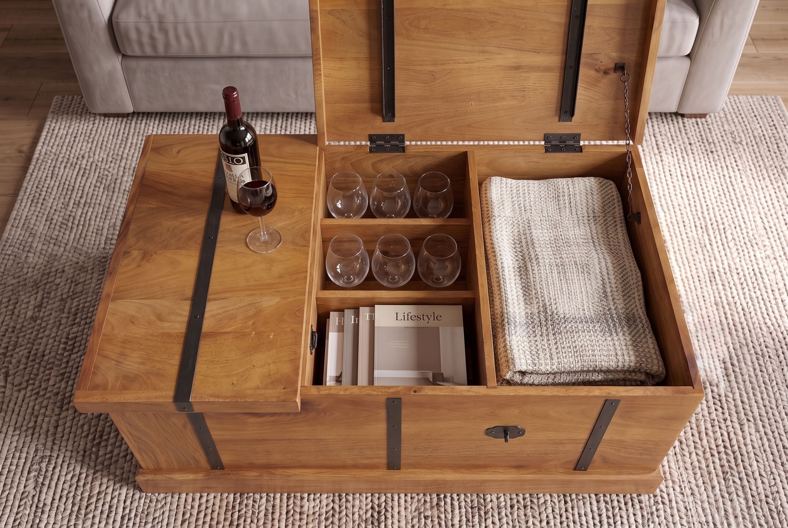 Table basse massive BODEGA 100cm finition miel marron manguier maison bar coffre rangement