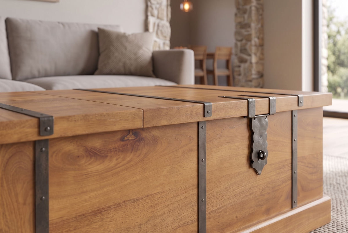 Table basse massive BODEGA 100cm finition miel marron manguier maison bar coffre rangement