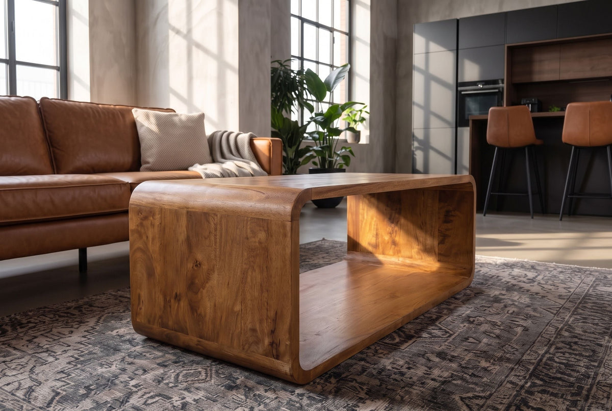 Table basse massive CUBUS 100cm marron finition miel bois de manguier fait main