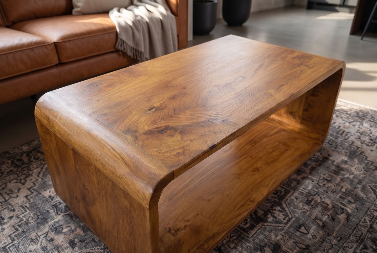 Table basse massive CUBUS 100cm marron finition miel bois de manguier fait main