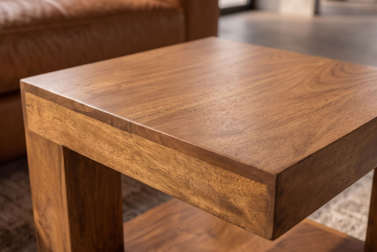 Table basse massive GIANT 45cm en bois de manguier finition miel marron avec rangement