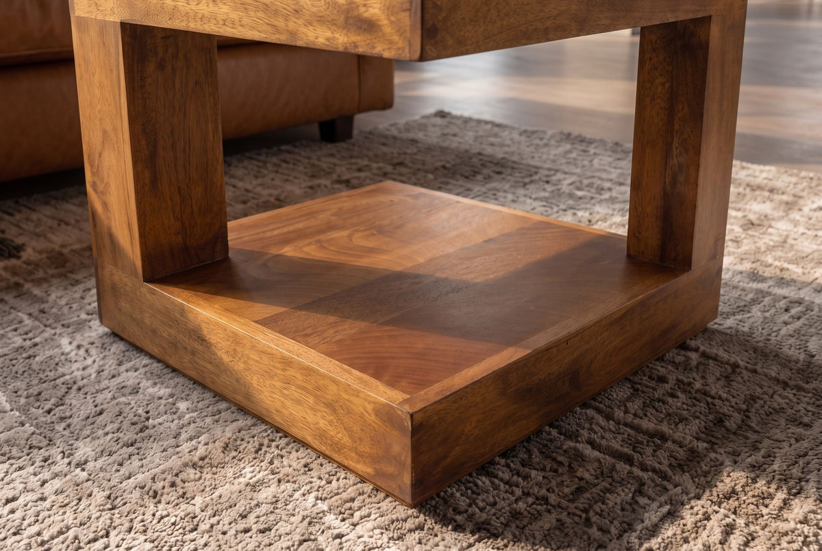 Table basse massive GIANT 45cm en bois de manguier finition miel marron avec rangement