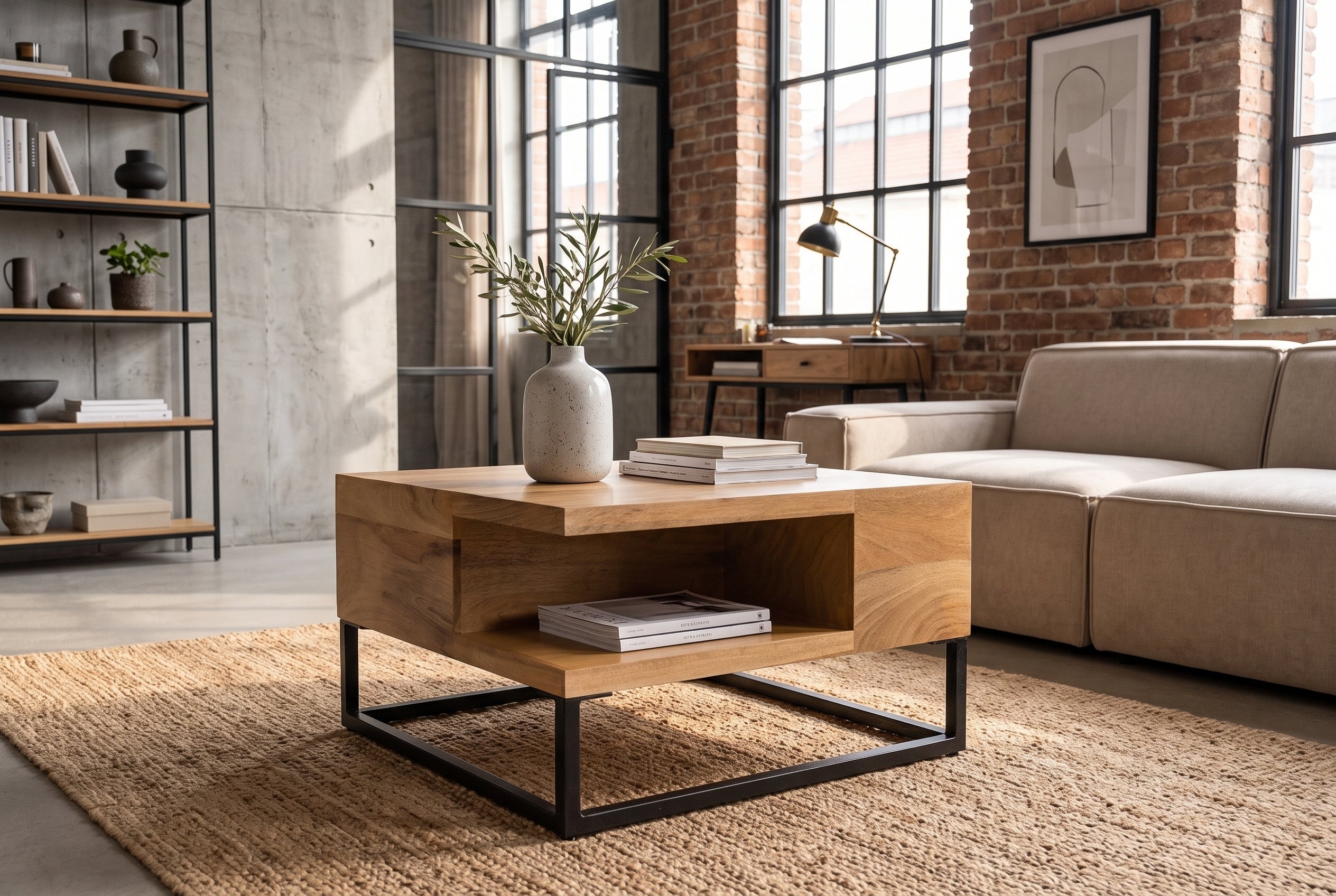 Table basse massive GIANT 60cm en manguier naturel finition crème métal étagère noire