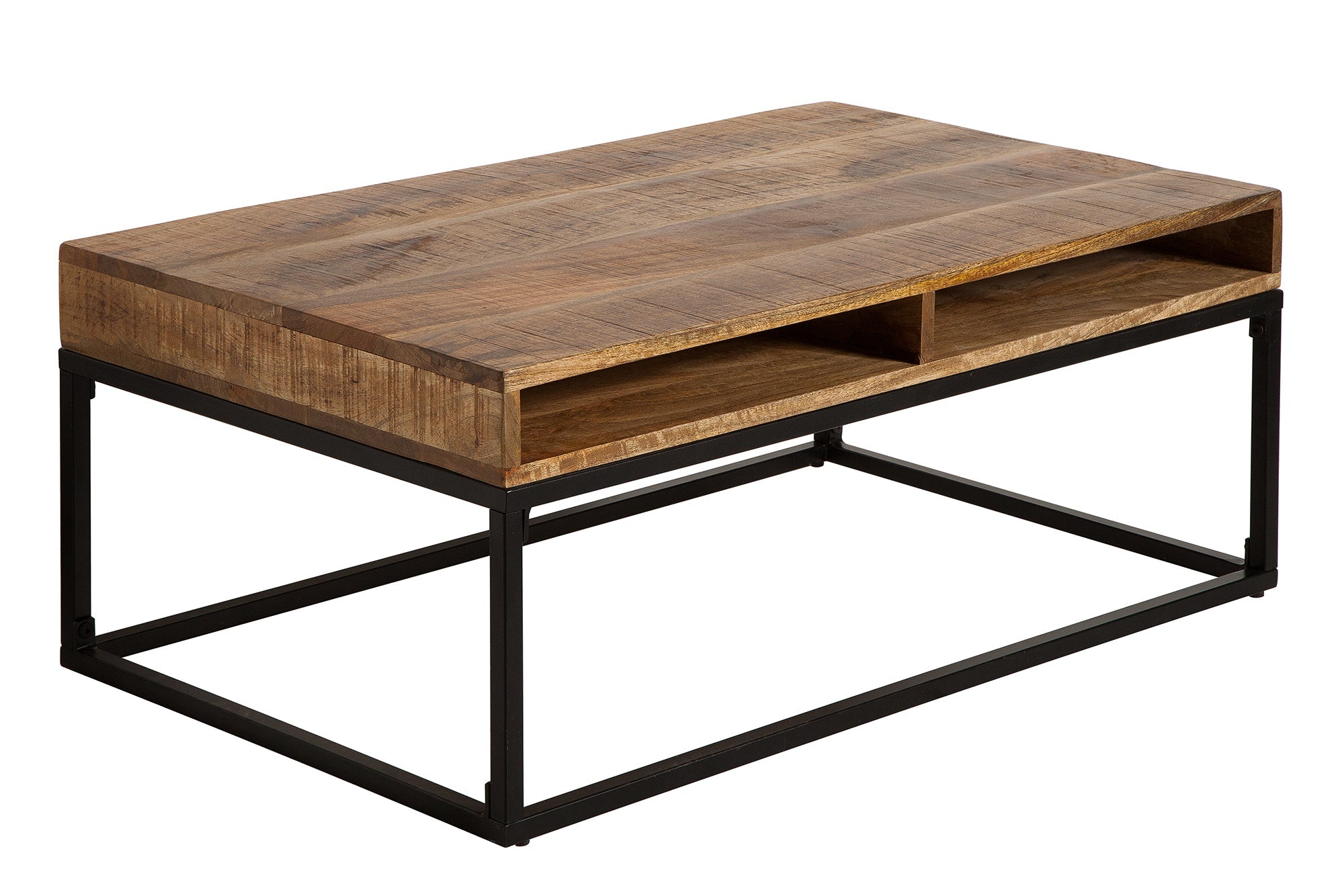 IRON CRAFT Mesa de centro de 100 cm de madera maciza de mango con estructura de metal negro y cajón