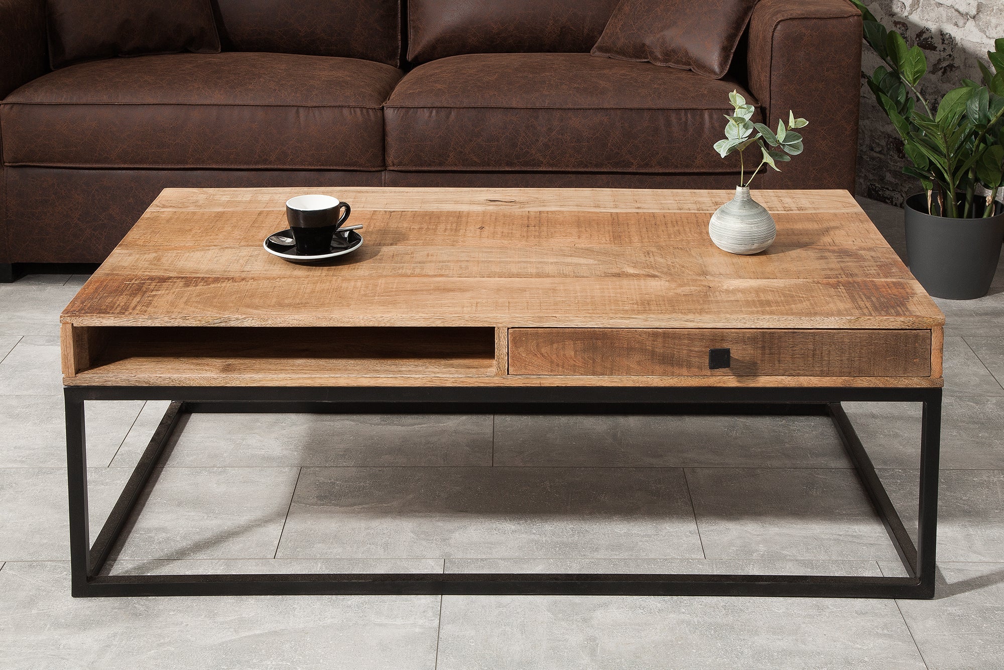 IRON CRAFT Mesa de centro de 100 cm de madera maciza de mango con estructura de metal negro y cajón