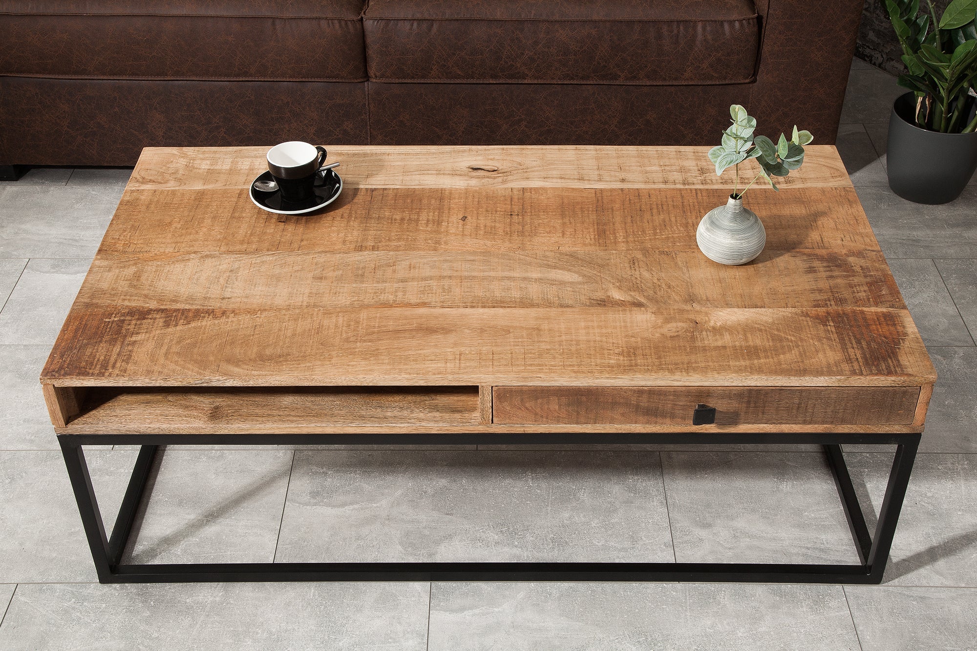 IRON CRAFT Mesa de centro de 100 cm de madera maciza de mango con estructura de metal negro y cajón