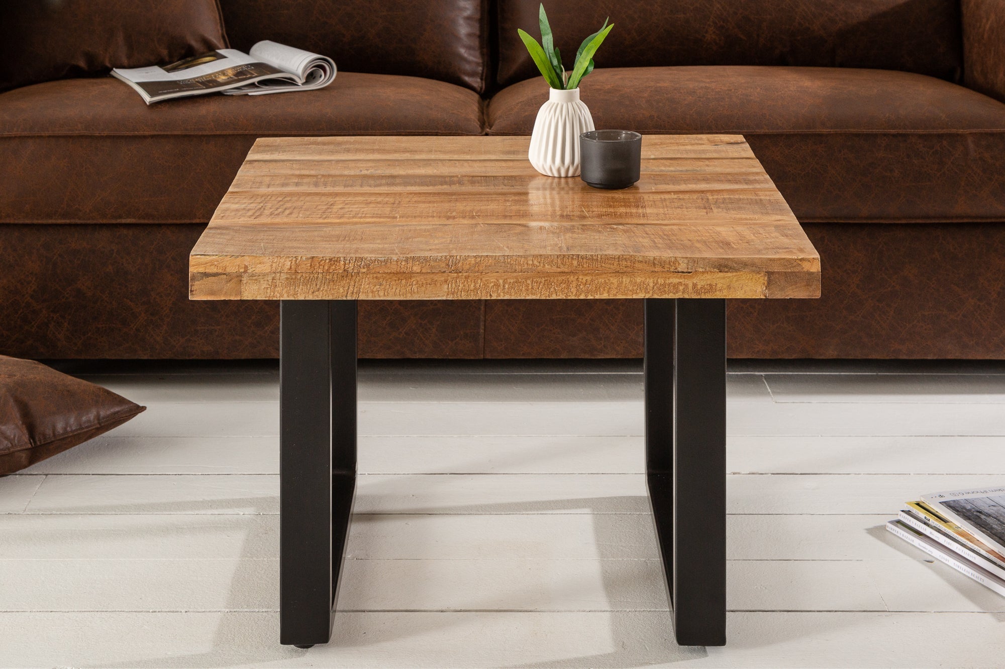 IRON CRAFT Mesa de centro de 60 cm de madera maciza de mango, diseño industrial