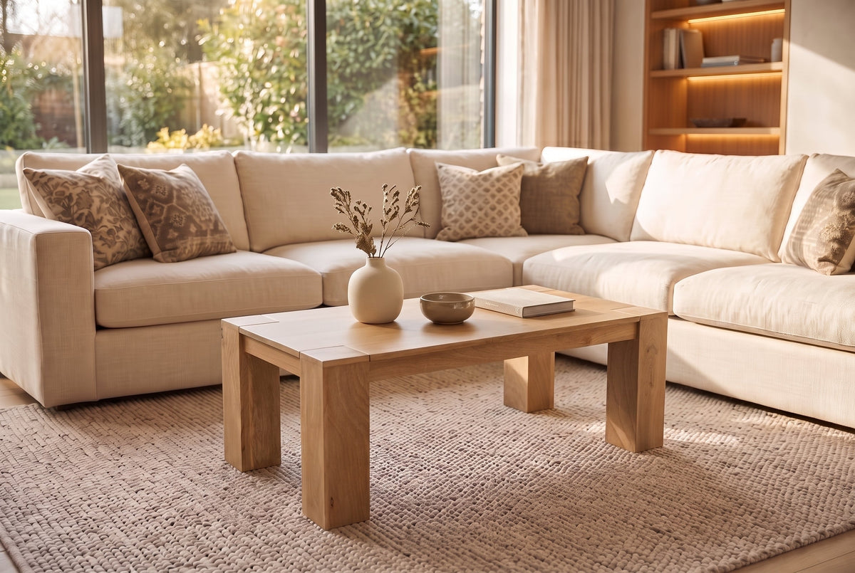 Table basse massive MAKASSAR 100cm en manguier naturel finition crème grain unique