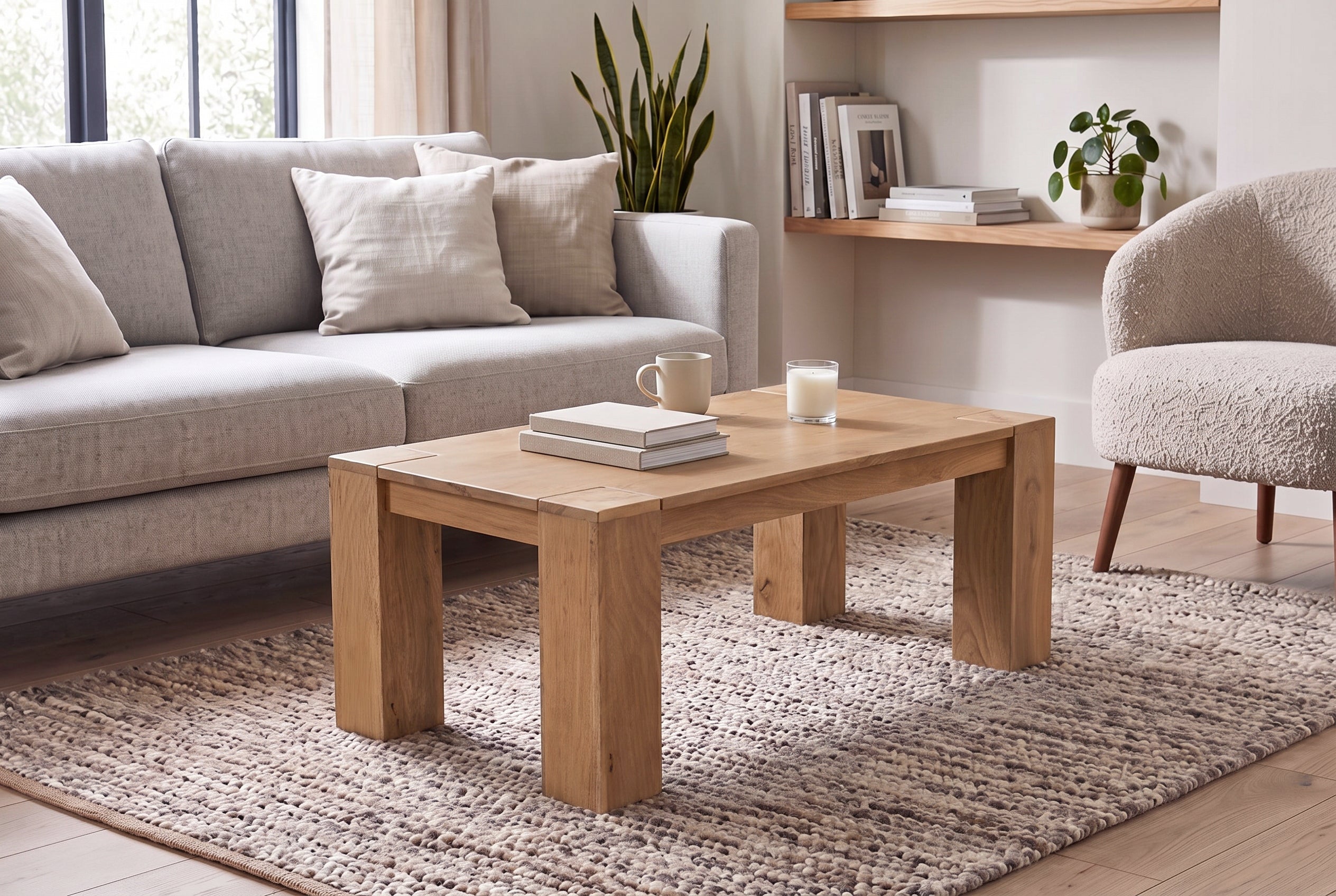 Table basse massive MAKASSAR 100cm en manguier naturel finition crème grain unique