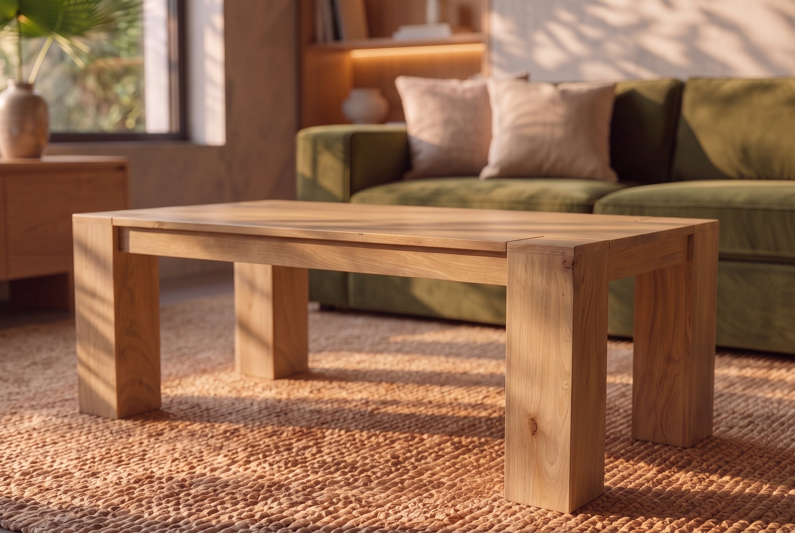 Table basse massive MAKASSAR 100cm en manguier naturel finition crème grain unique
