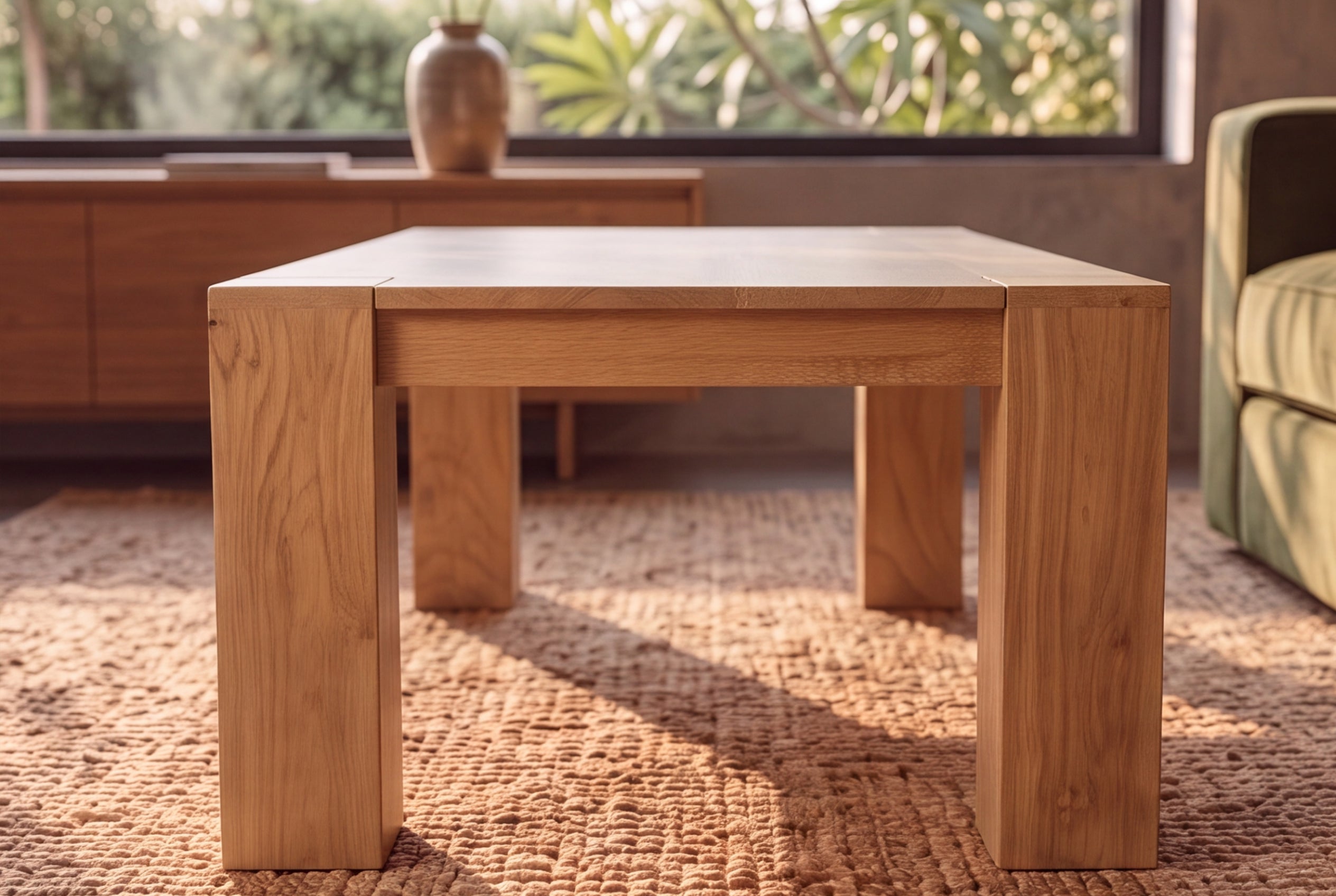 Table basse massive MAKASSAR 100cm en manguier naturel finition crème grain unique