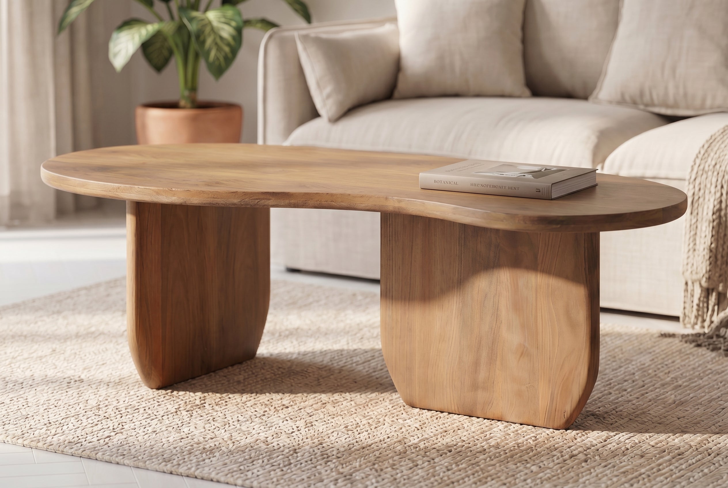 Table basse massive ORGANIC 120cm en bois de mangue finition miel forme organique