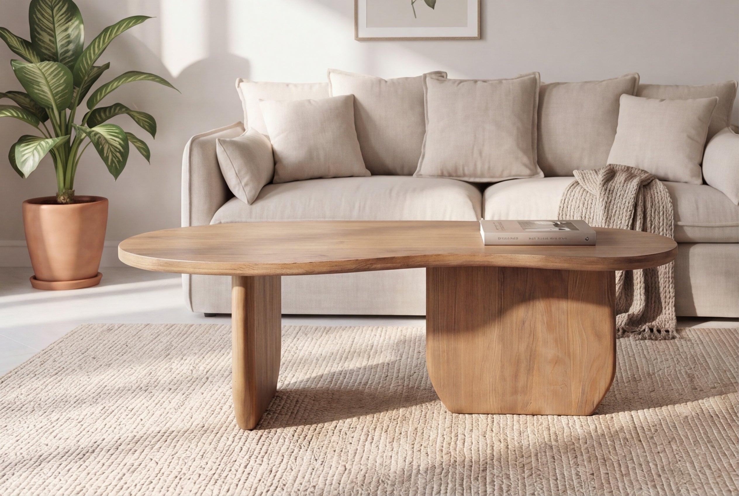 Table basse massive ORGANIC 120cm en bois de mangue finition miel forme organique
