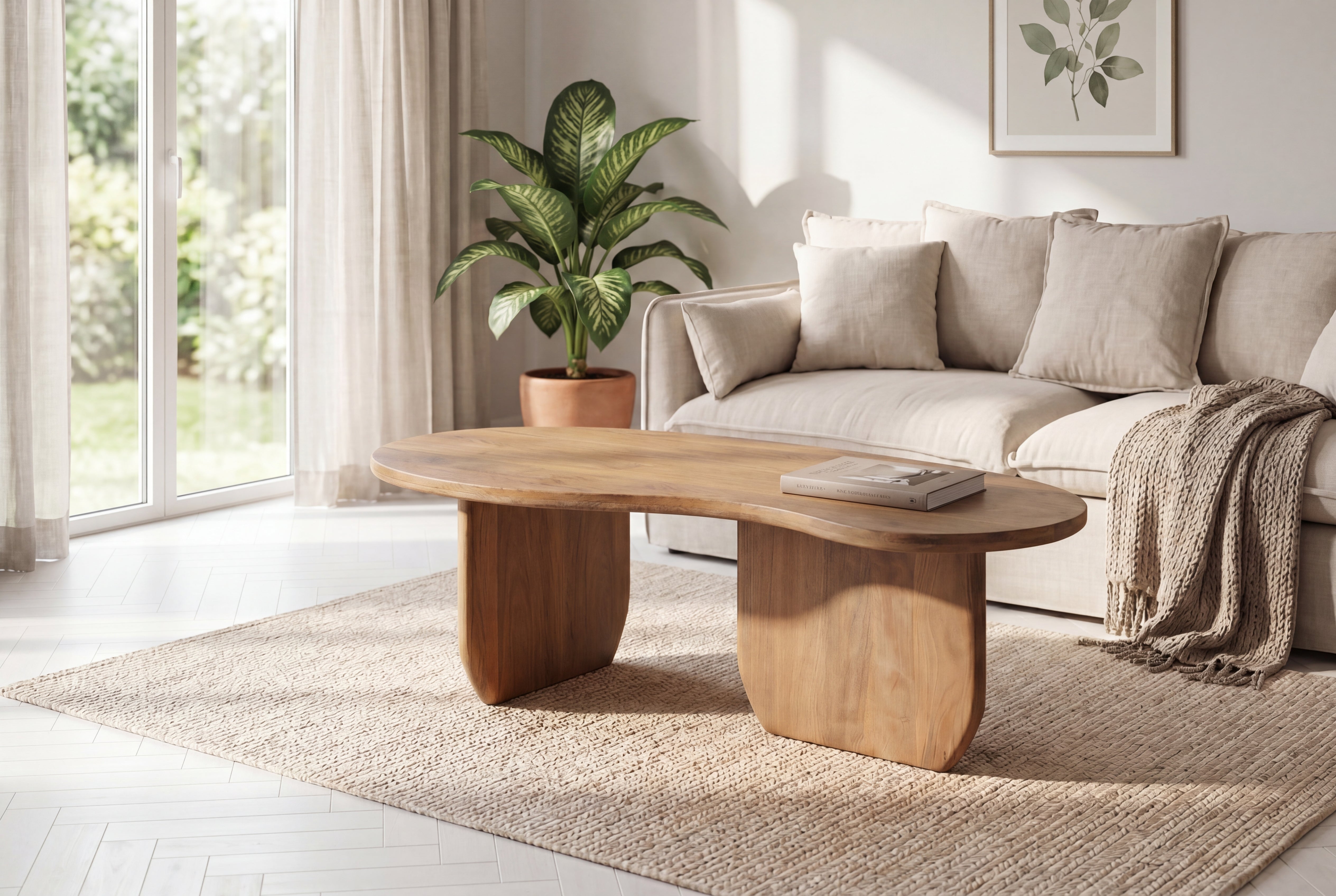 Table basse massive ORGANIC 120cm en bois de mangue finition miel forme organique