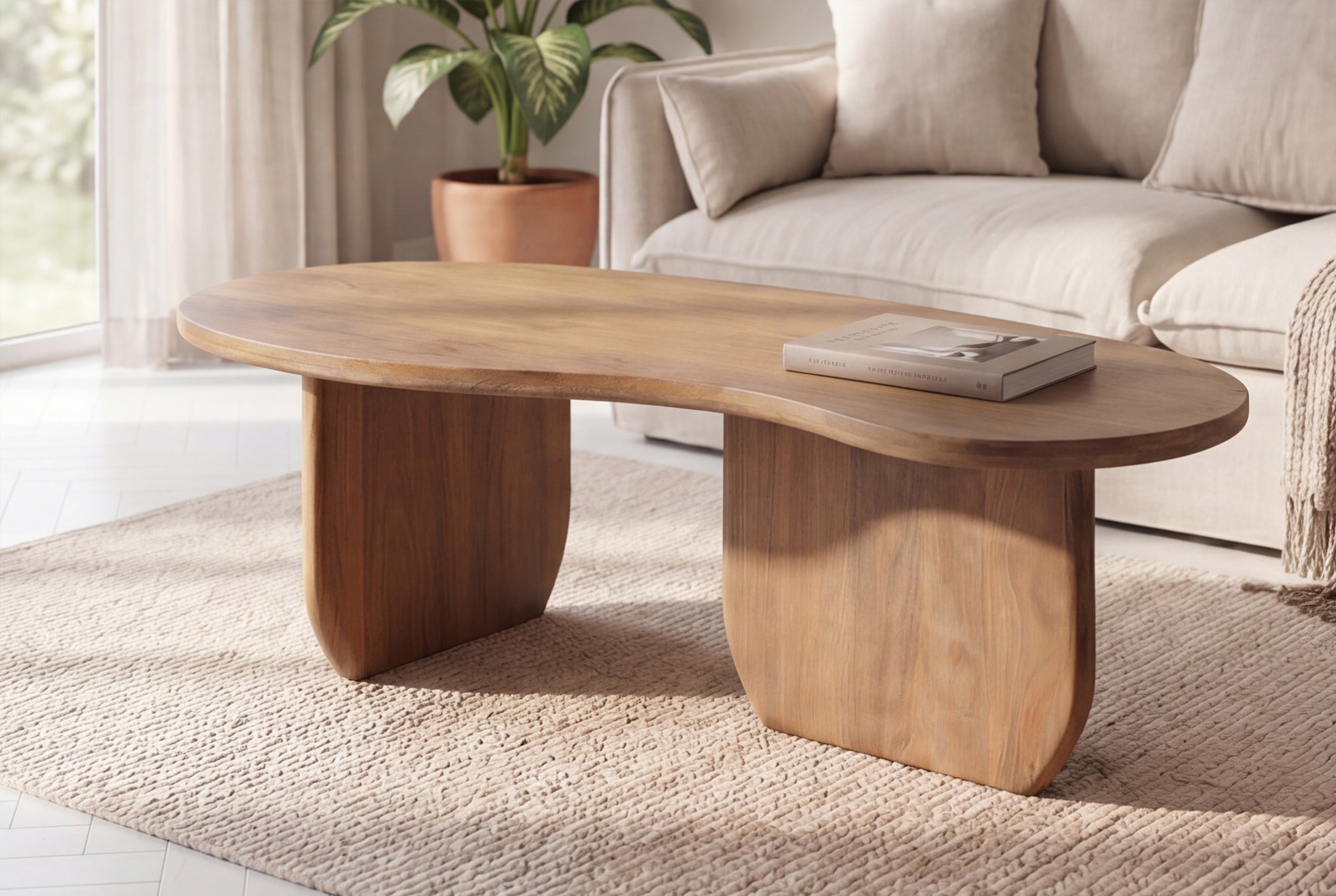 Table basse massive ORGANIC 120cm en bois de mangue finition miel forme organique