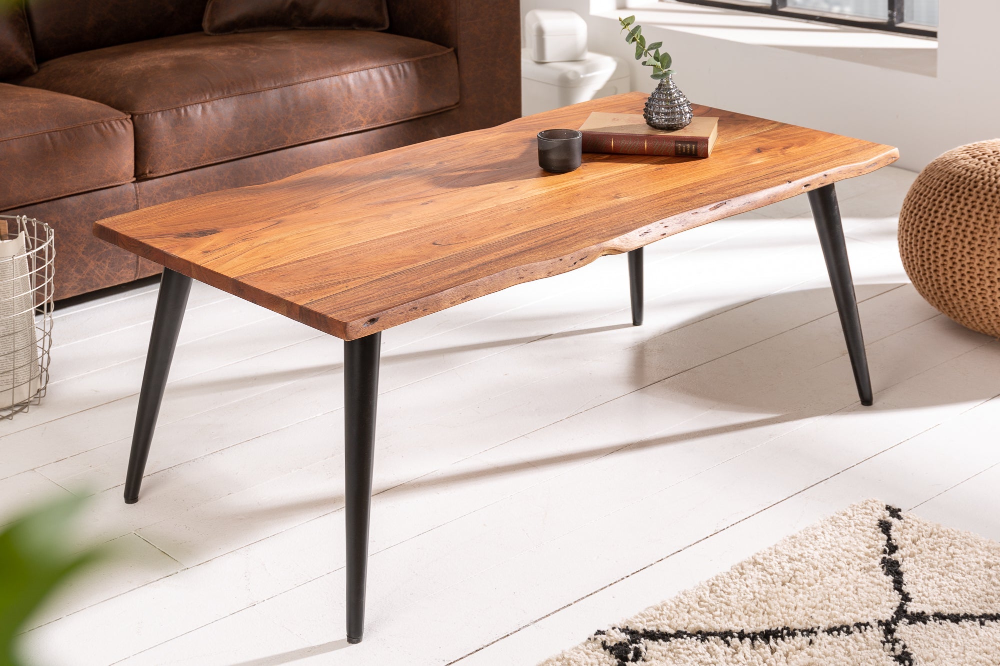 ORGANIC LIVING Mesa de centro maciza de 110 cm en madera de acacia natural con borde de árbol