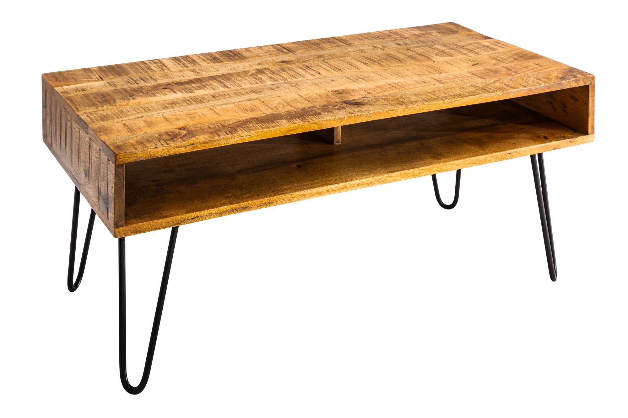 SCORPION Mesa de centro maciza de 100 cm en madera de mango natural con patas de pasador de metal y estante