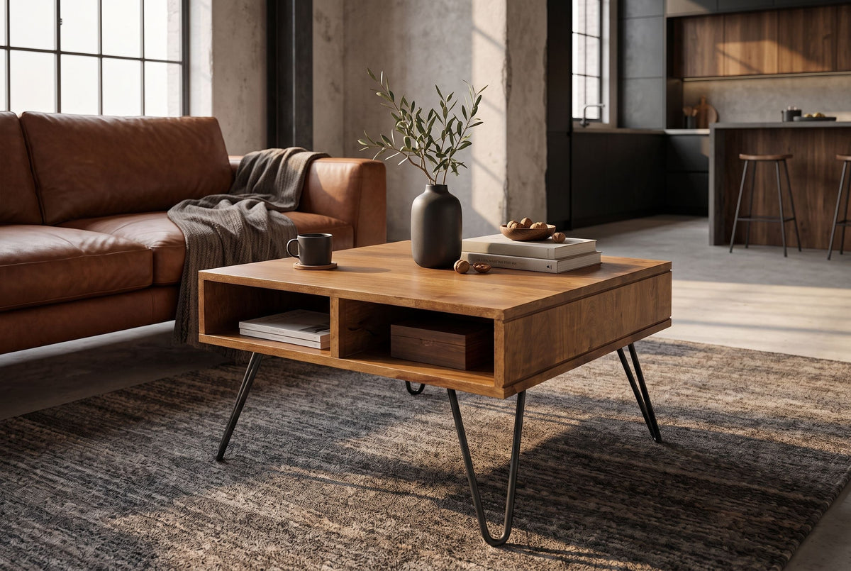 Table basse massive SCORPION 60cm en bois de manguier finition miel marron avec pieds en épingle