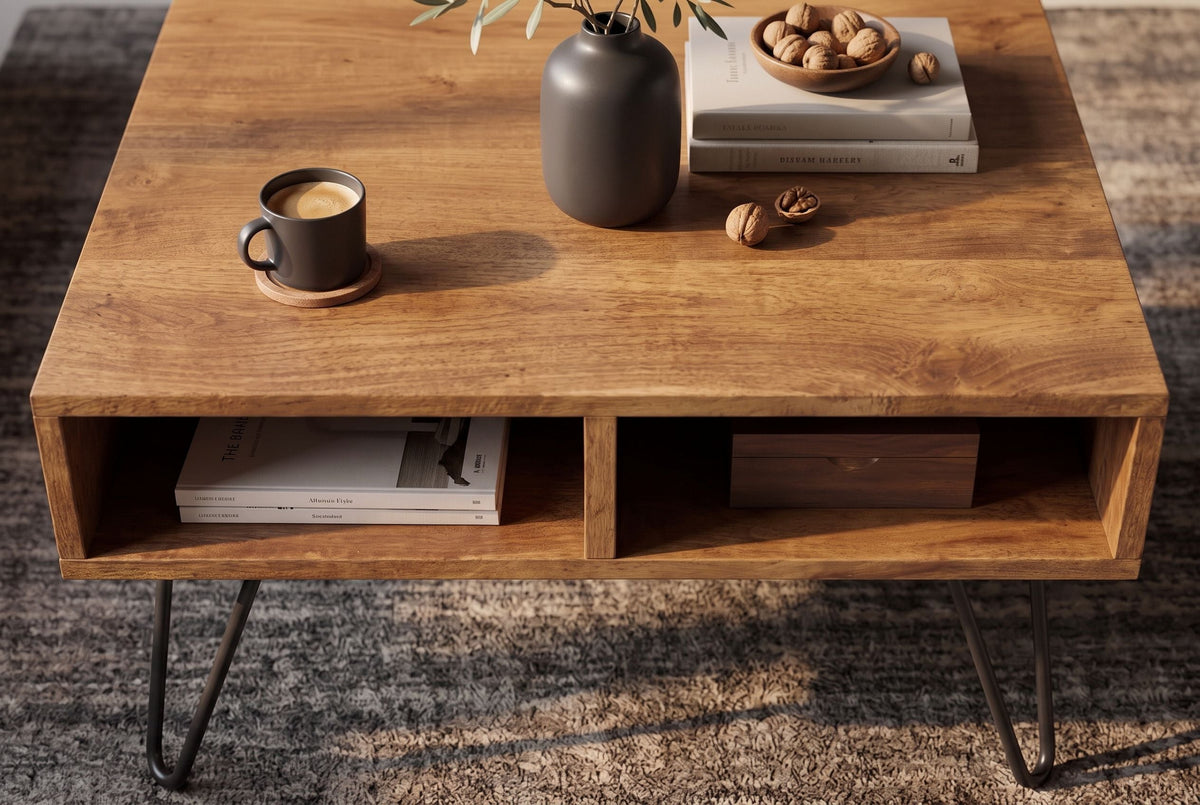 Table basse massive SCORPION 60cm en bois de manguier finition miel marron avec pieds en épingle