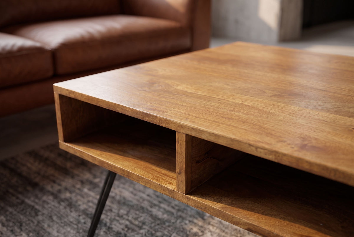 Table basse massive SCORPION 60cm en bois de manguier finition miel marron avec pieds en épingle