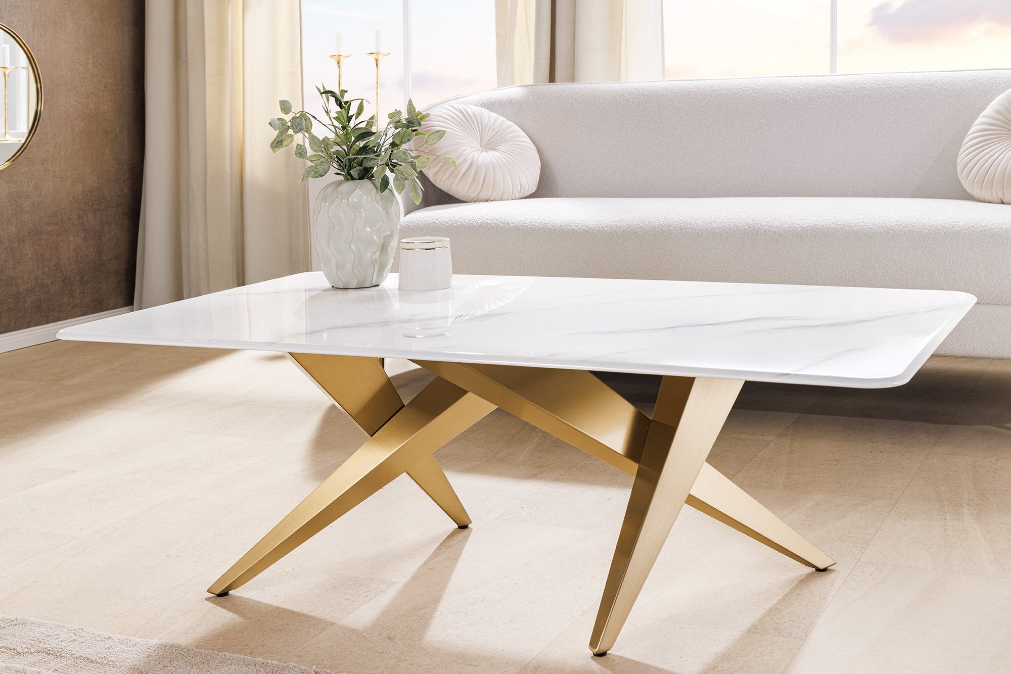 ART LIVING mesa de centro moderna 130cm mármol blanco cerámica champán oro cepillado