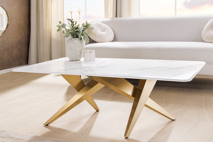 Table basse moderne ART LIVING 130cm marbre blanc céramique champagne or brossé