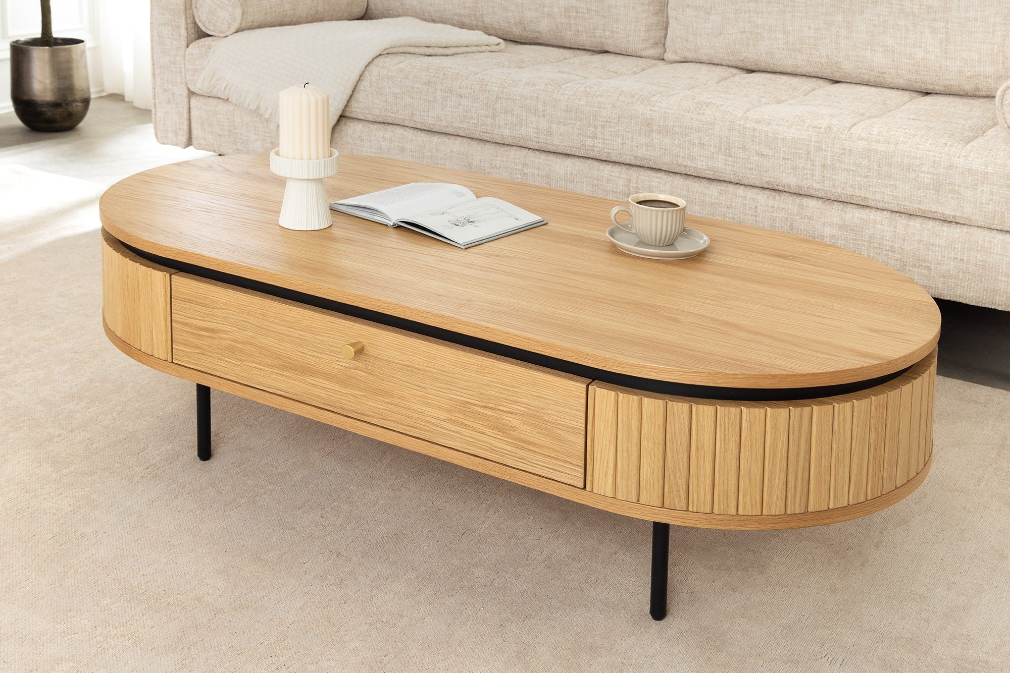 Table basse moderne ATELIER 120cm en chêne noir naturel avec deux tiroirs