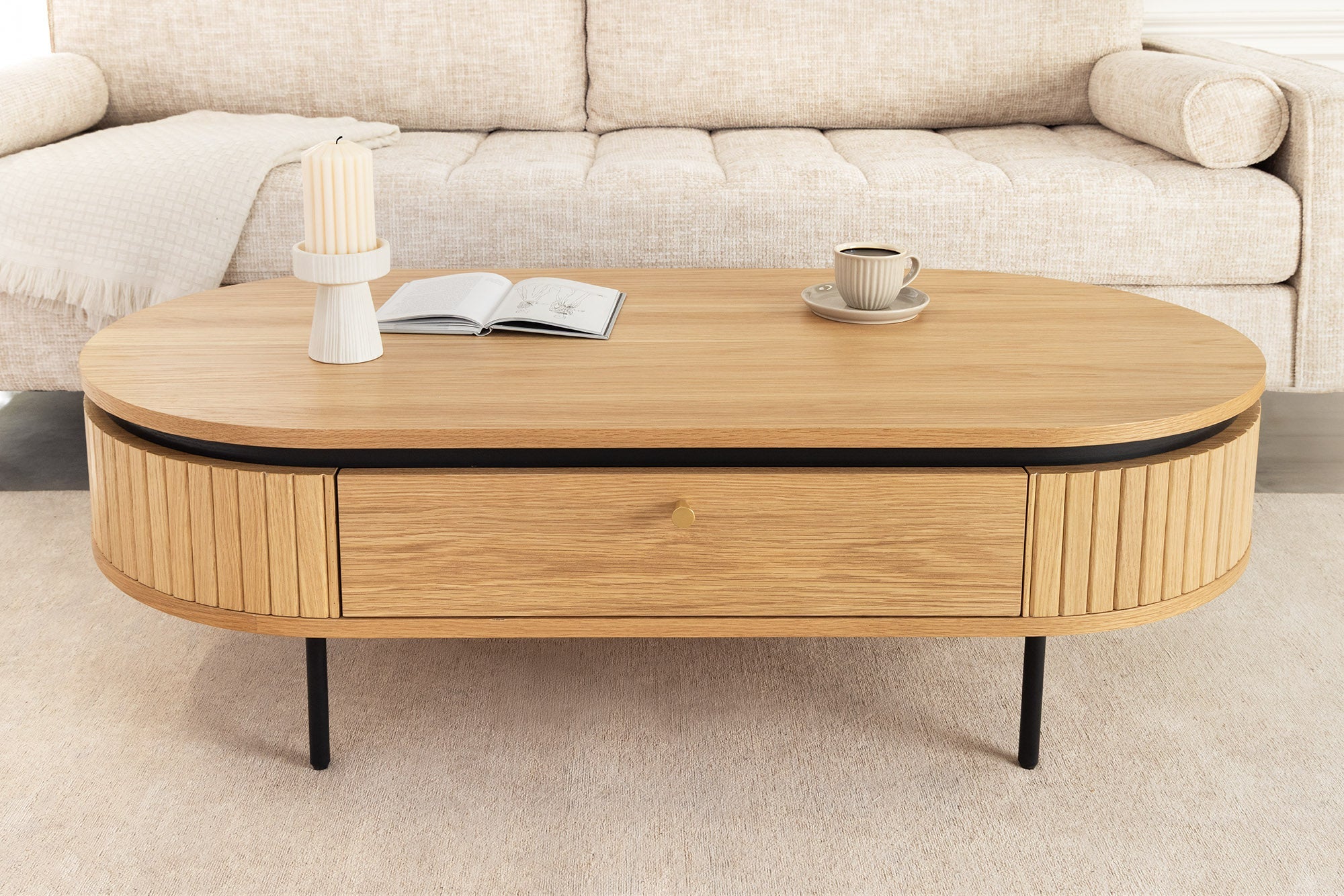 Table basse moderne ATELIER 120cm en chêne noir naturel avec deux tiroirs