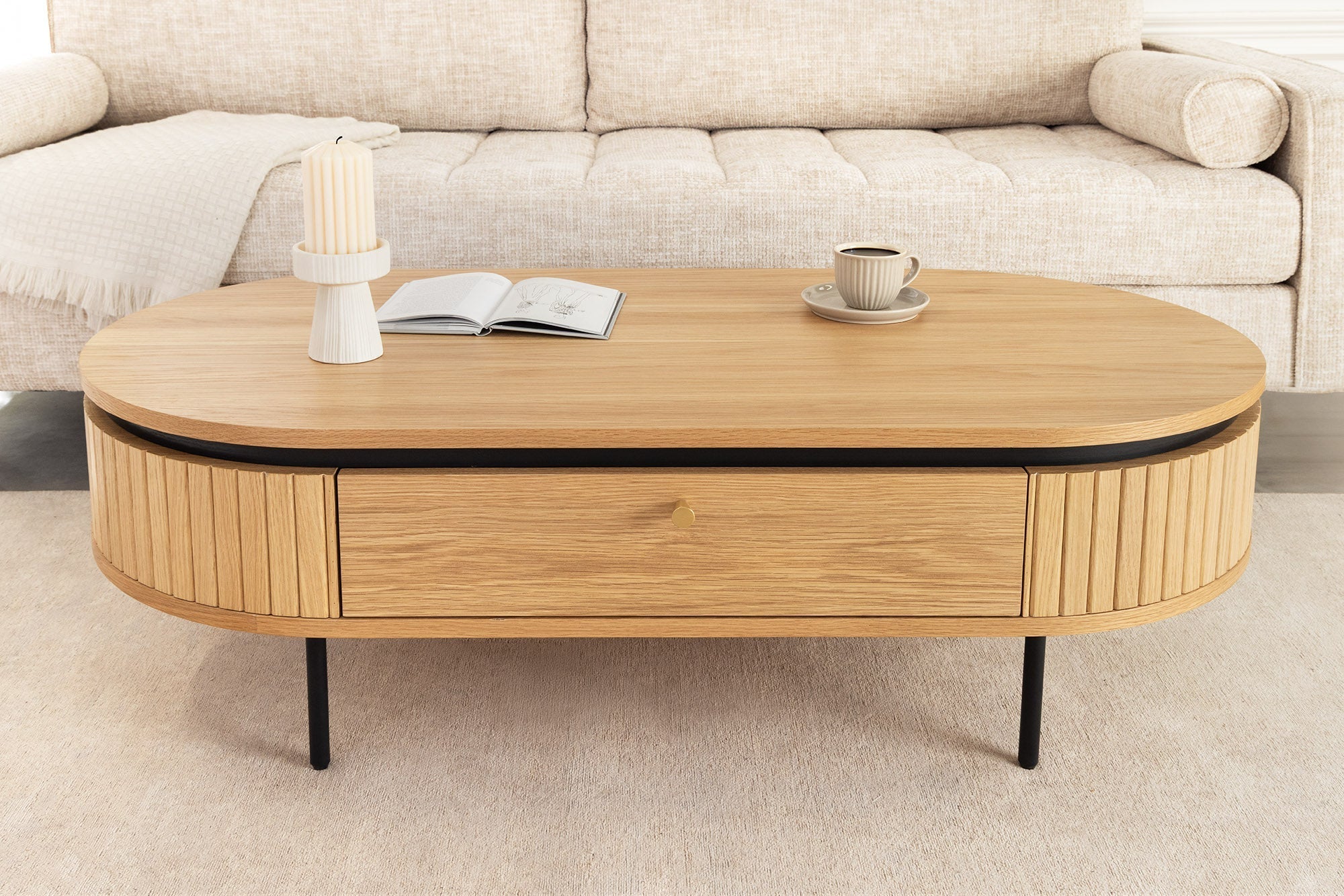 Table basse moderne ATELIER 120cm en chêne noir naturel avec deux tiroirs