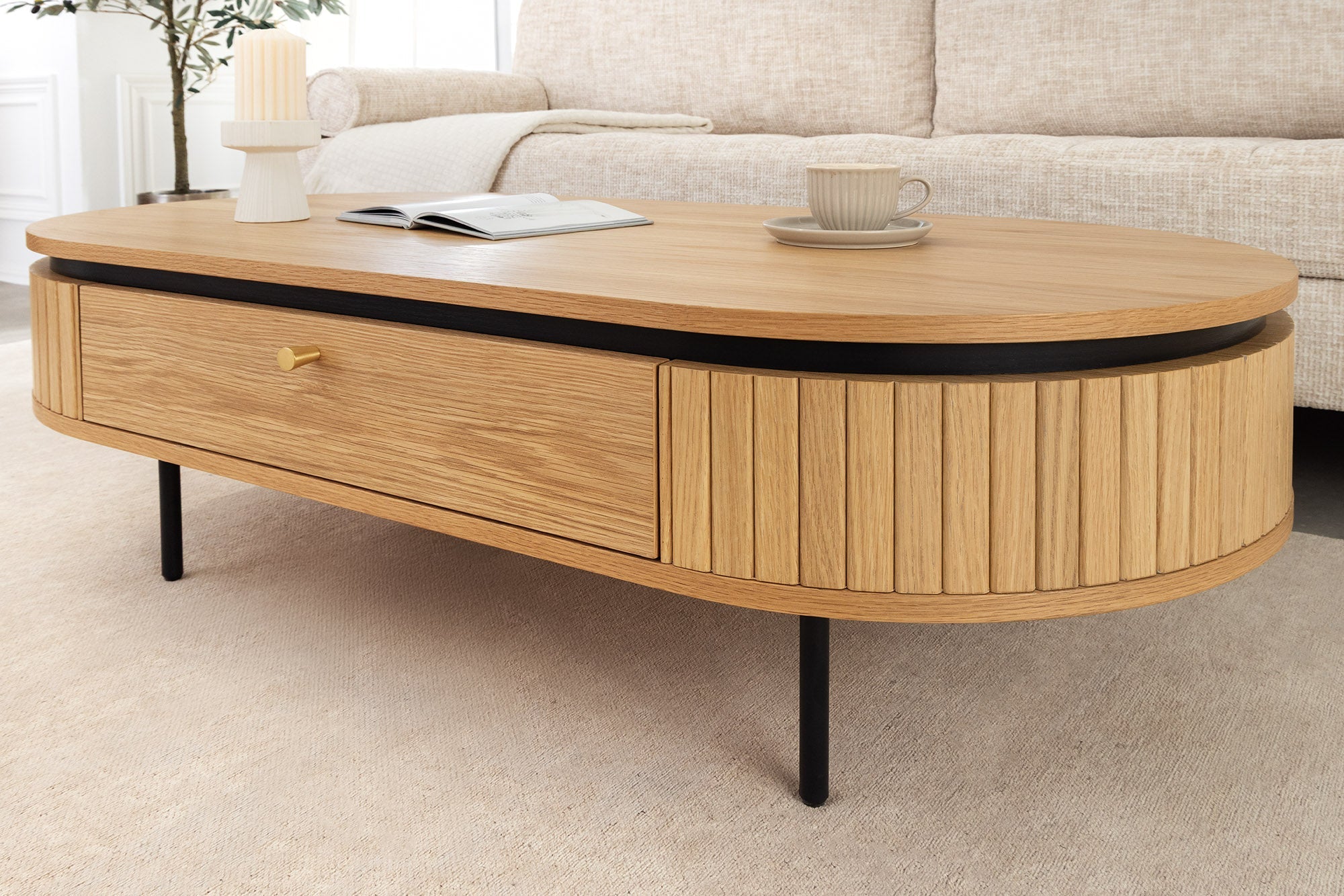 Table basse moderne ATELIER 120cm en chêne noir naturel avec deux tiroirs