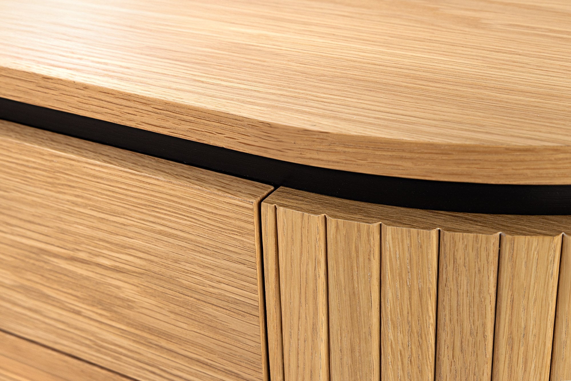 Table basse moderne ATELIER 120cm en chêne noir naturel avec deux tiroirs
