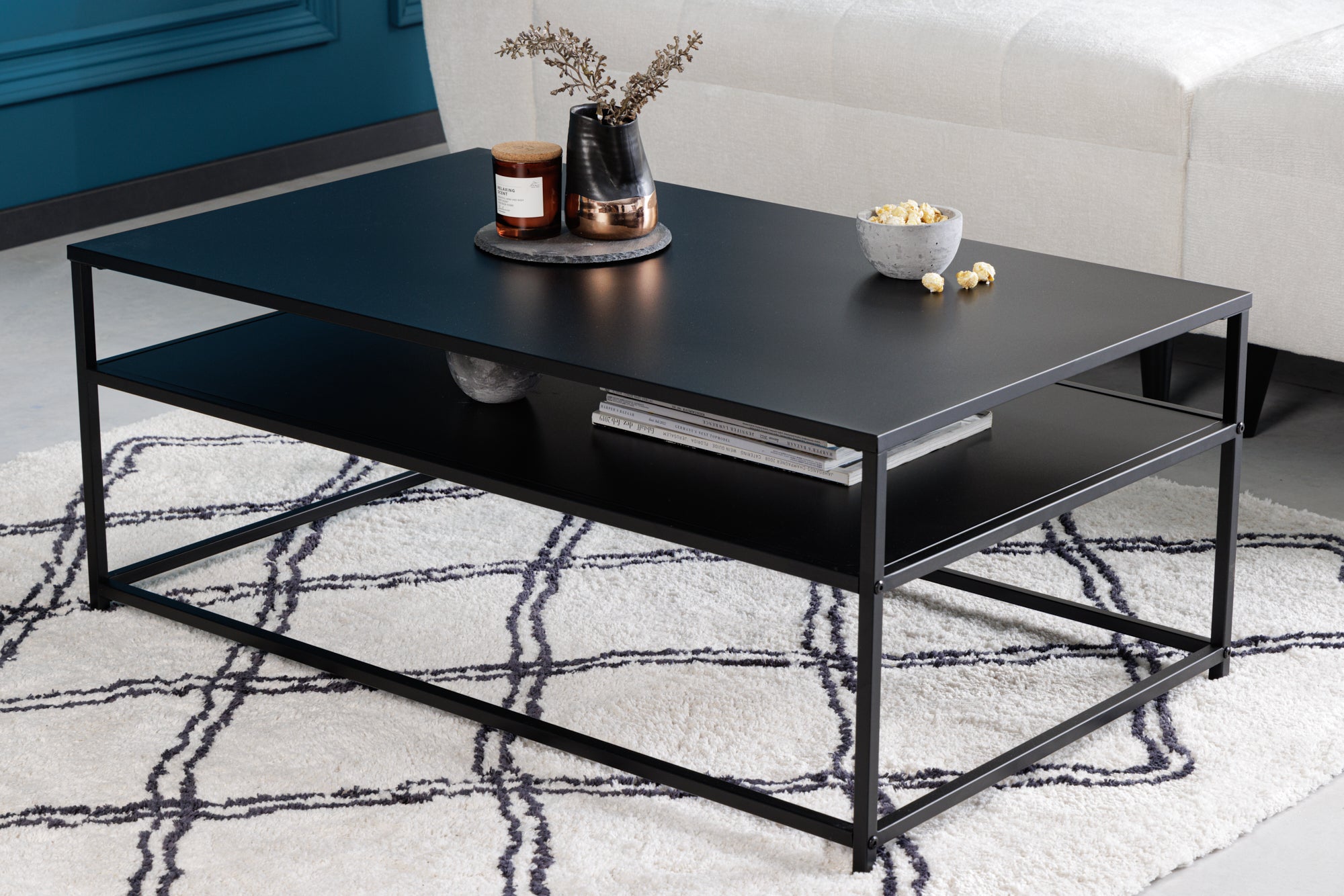 DURA STEEL Mesa de centro moderna de 100 cm en metal negro con compartimento de almacenaje