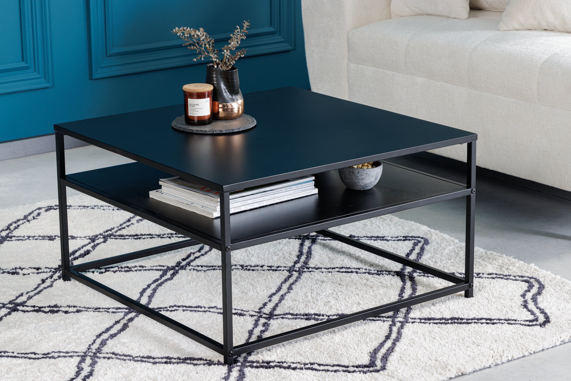 DURA STEEL Mesa de centro moderna de 70 cm en metal negro con compartimento de almacenaje