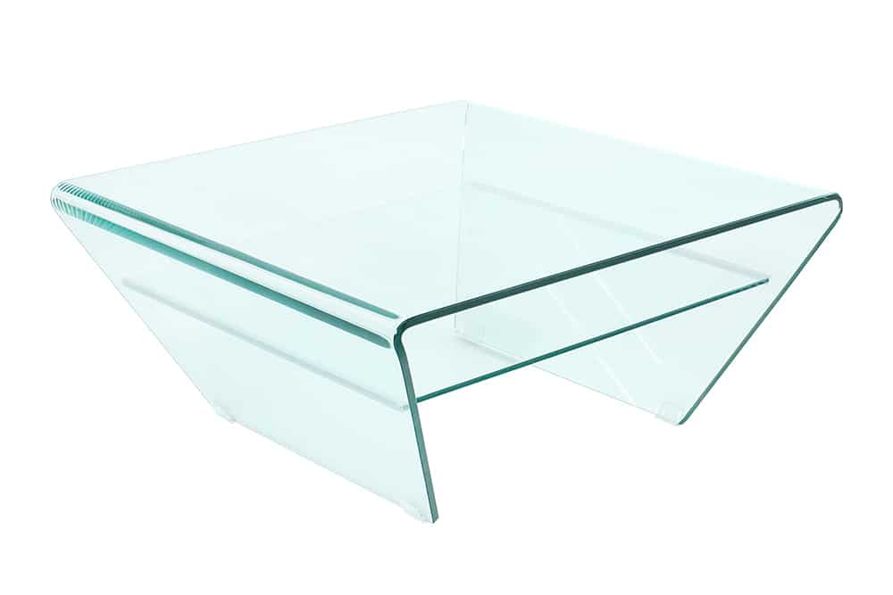 FANTOME Mesa de centro moderna de cristal trapezoidal de 70 cm con estante transparente