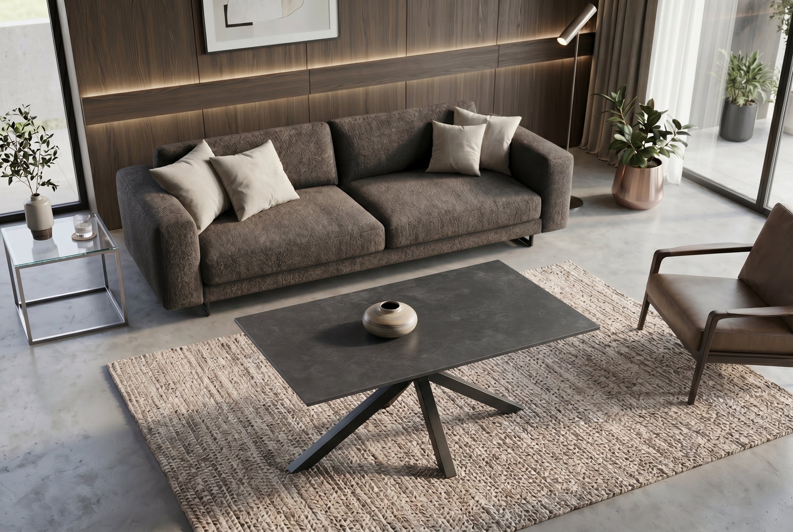 Table basse moderne GALAXIE 100cm anthracite céramique noir piètement étoile