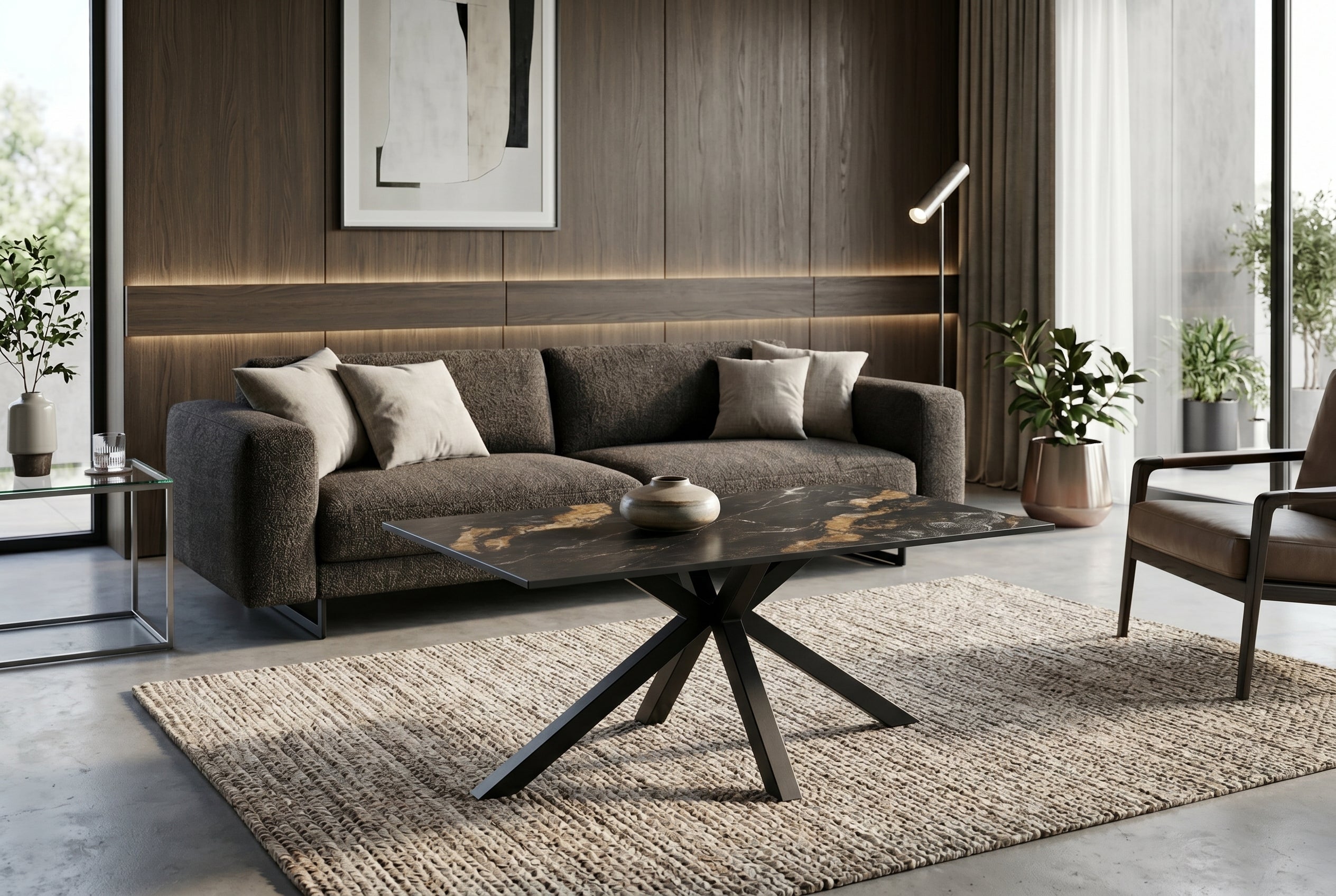 Table basse moderne GALAXIE 100cm Aurora Oro noir or sable céramique