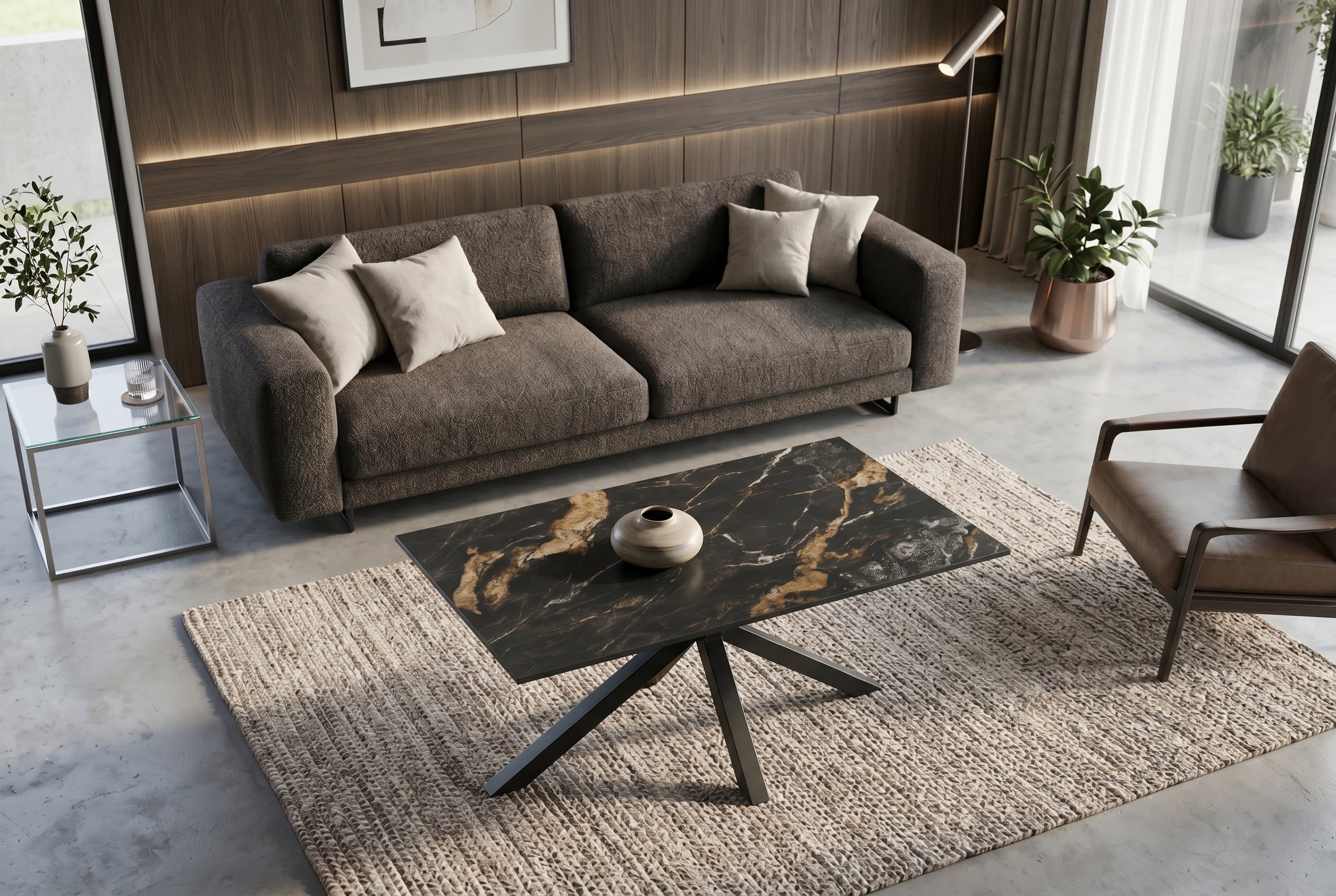 Table basse moderne GALAXIE 100cm Aurora Oro noir or sable céramique