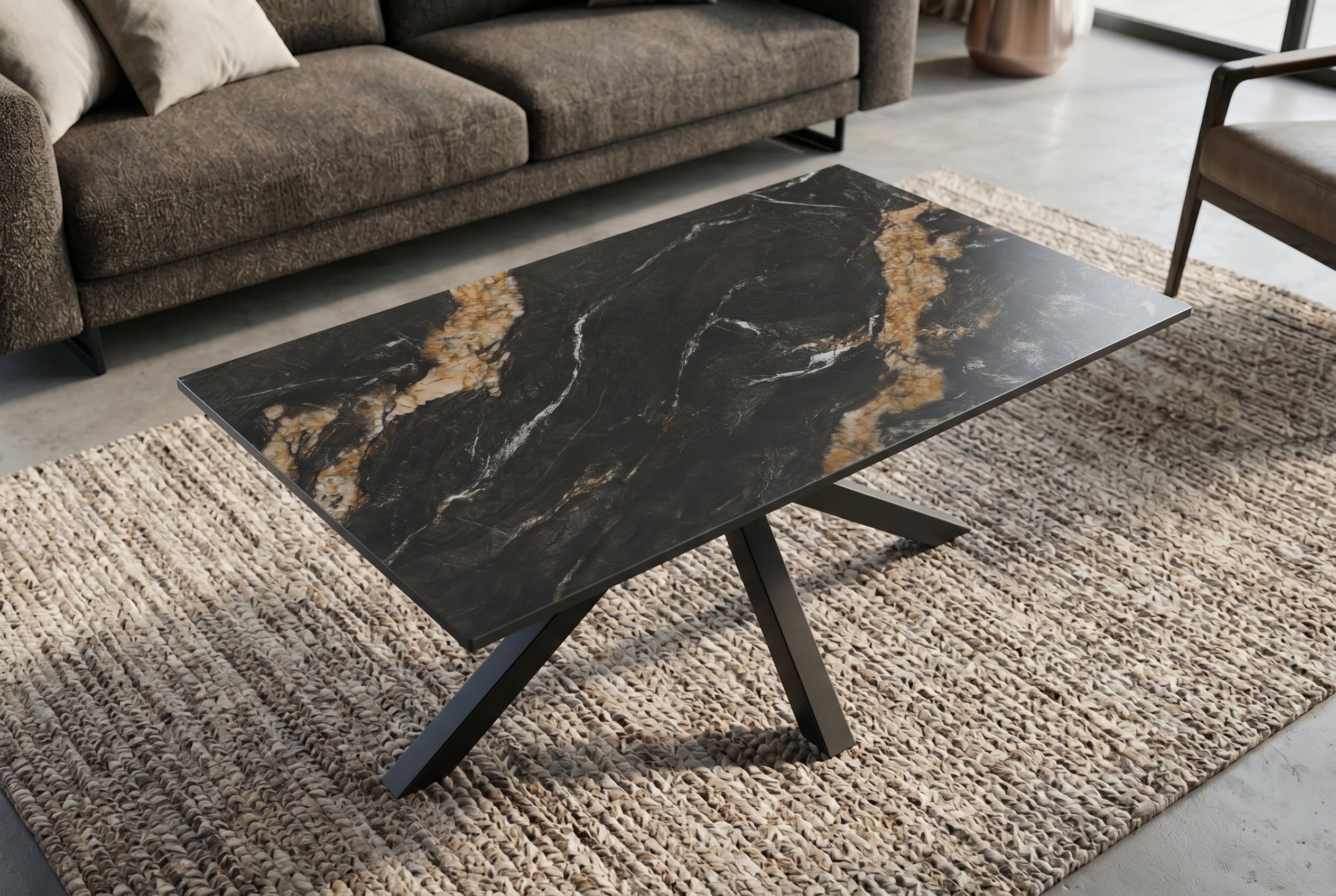 Table basse moderne GALAXIE 100cm Aurora Oro noir or sable céramique