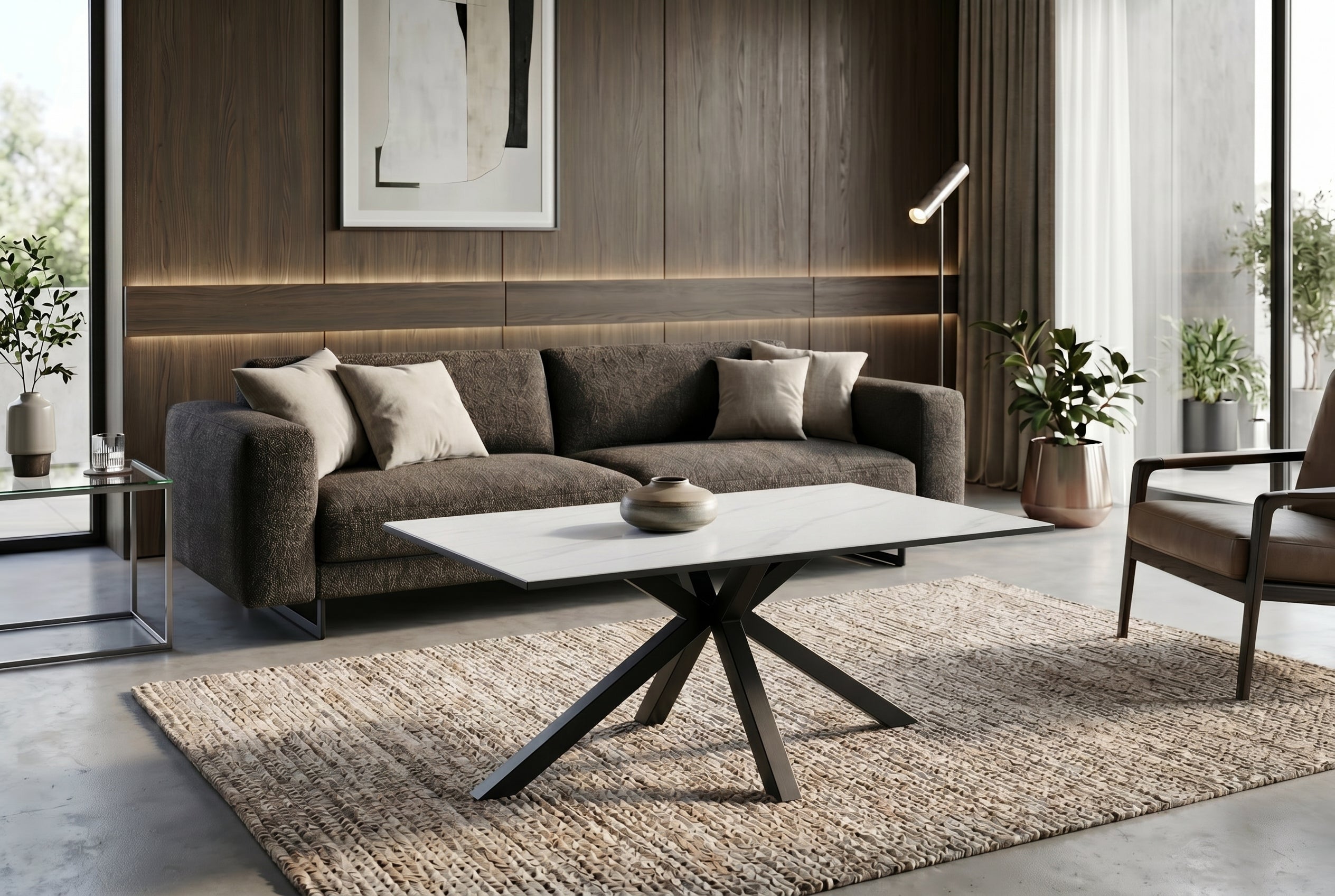 Table basse moderne GALAXIE 100cm en céramique blanche et piètement en métal noir en étoile