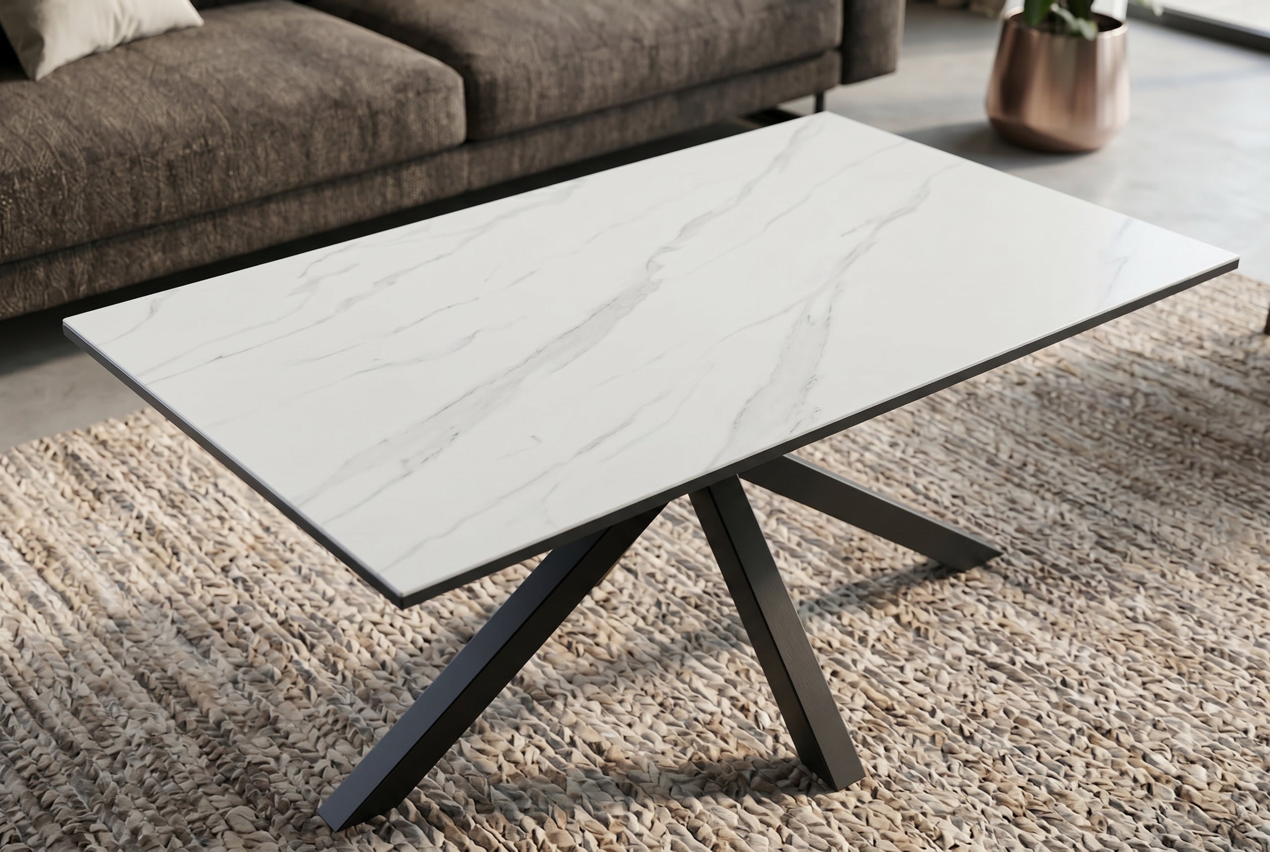 Table basse moderne GALAXIE 100cm en céramique blanche et piètement en métal noir en étoile