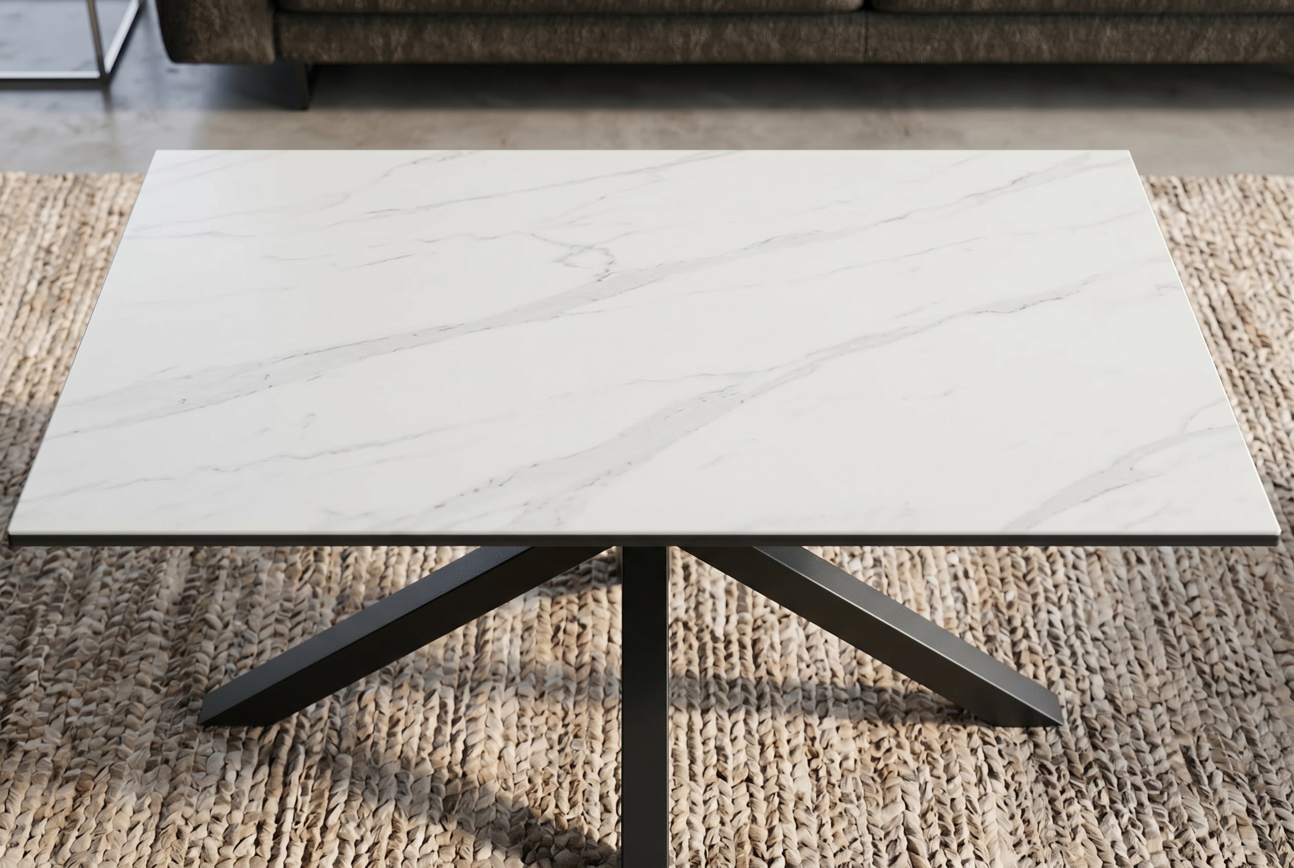 Table basse moderne GALAXIE 100cm en céramique blanche et piètement en métal noir en étoile