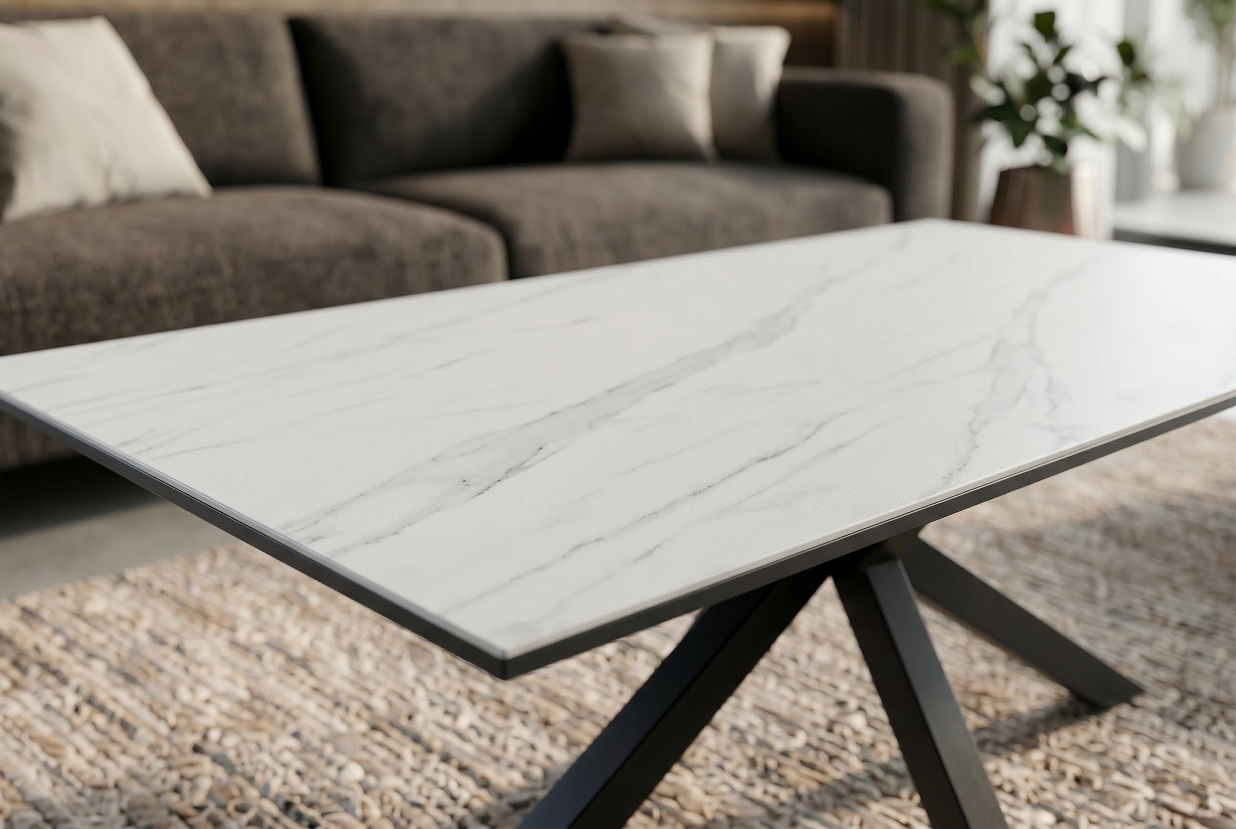 Table basse moderne GALAXIE 100cm en céramique blanche et piètement en métal noir en étoile