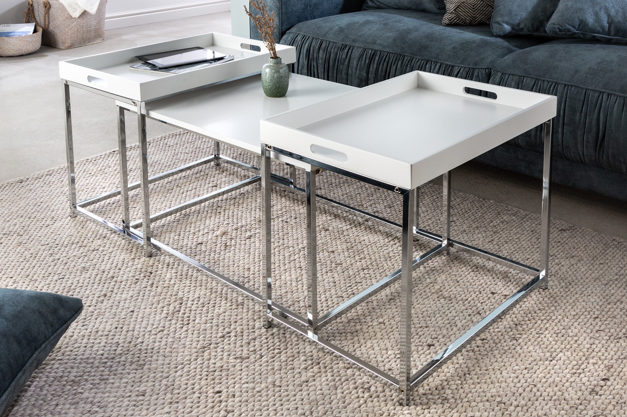 Moderna mesa de centro juego de 3 ELEMENTS 75cm blanco cromado tapa extraíble